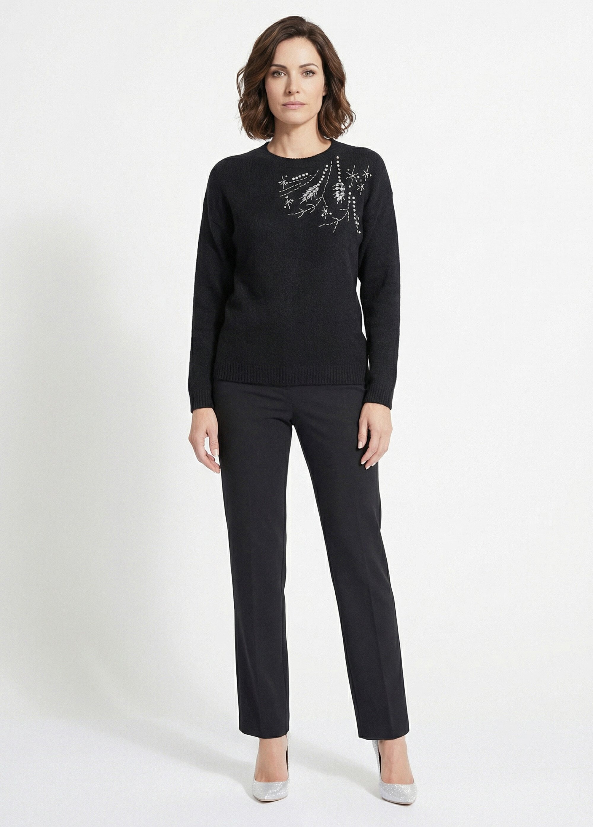 Pull doux col rond avec strass et sequins Femme Noir PASQUIN SI1