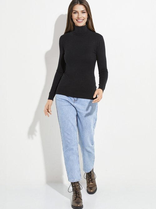 Pull fin en maille avec col roulé Femme Noir IA-D217B SF1