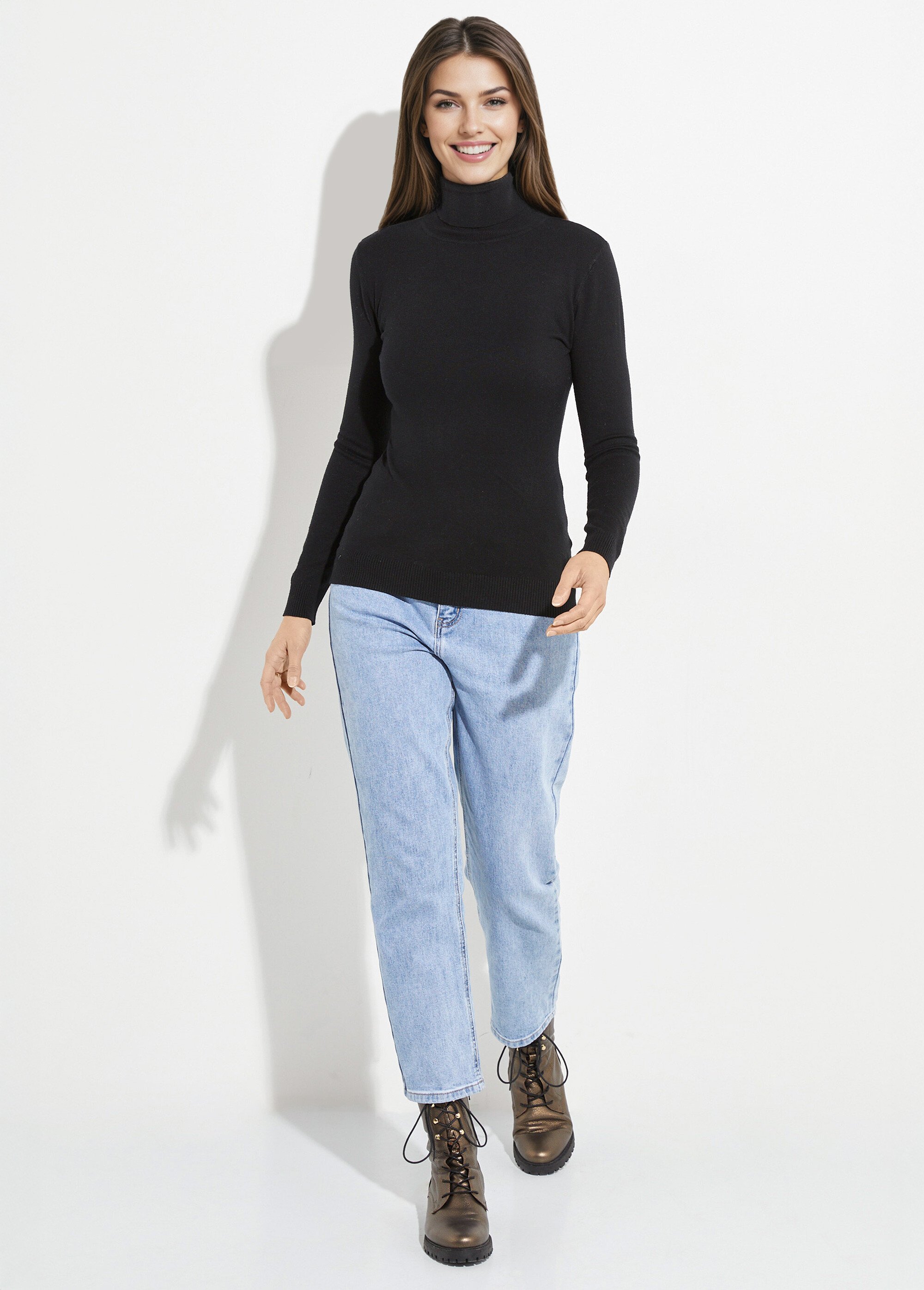 Pull fin en maille avec col roulé Femme Noir IA-D217B SF1