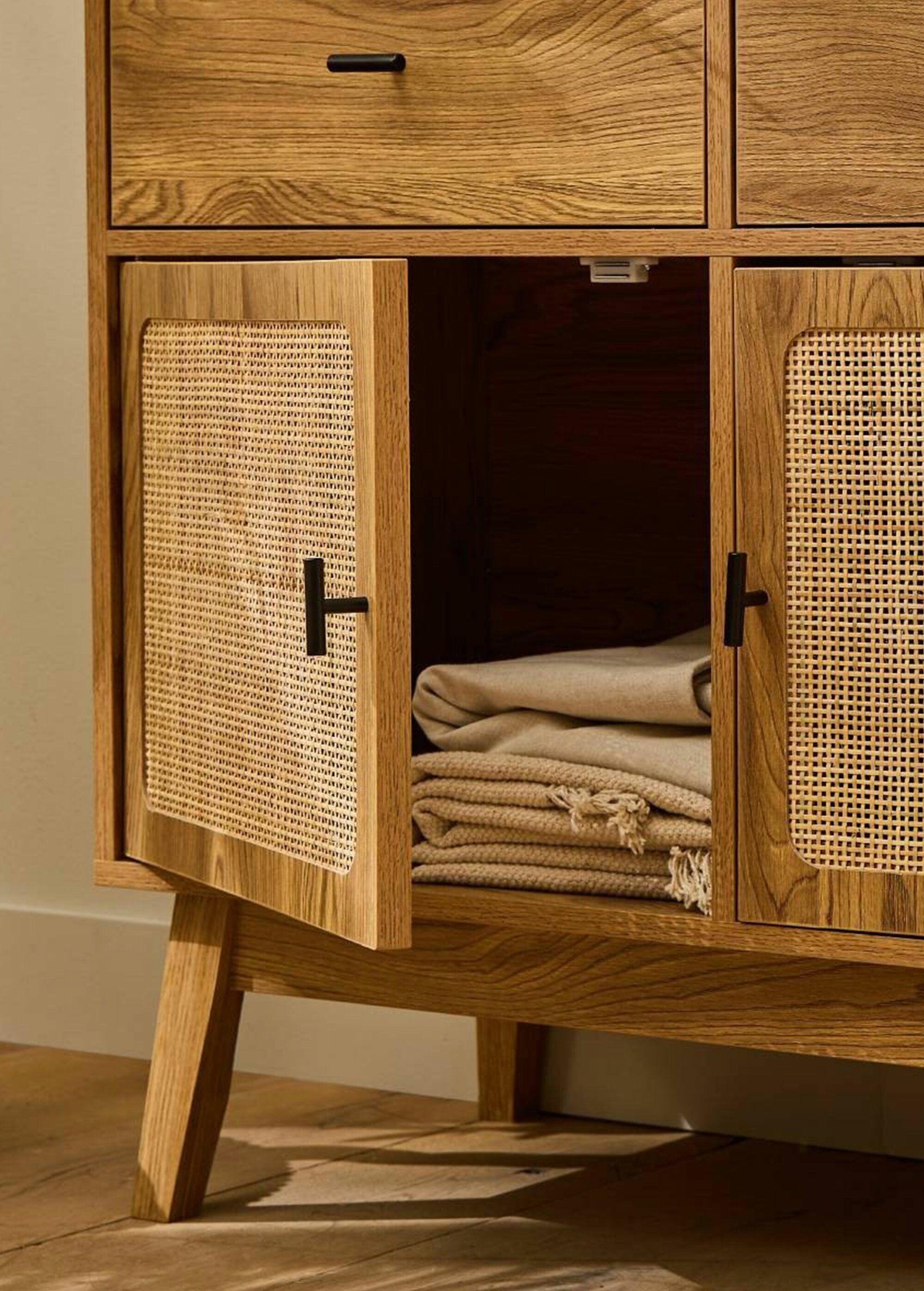 ALIA Commode décor rotin, pieds compas