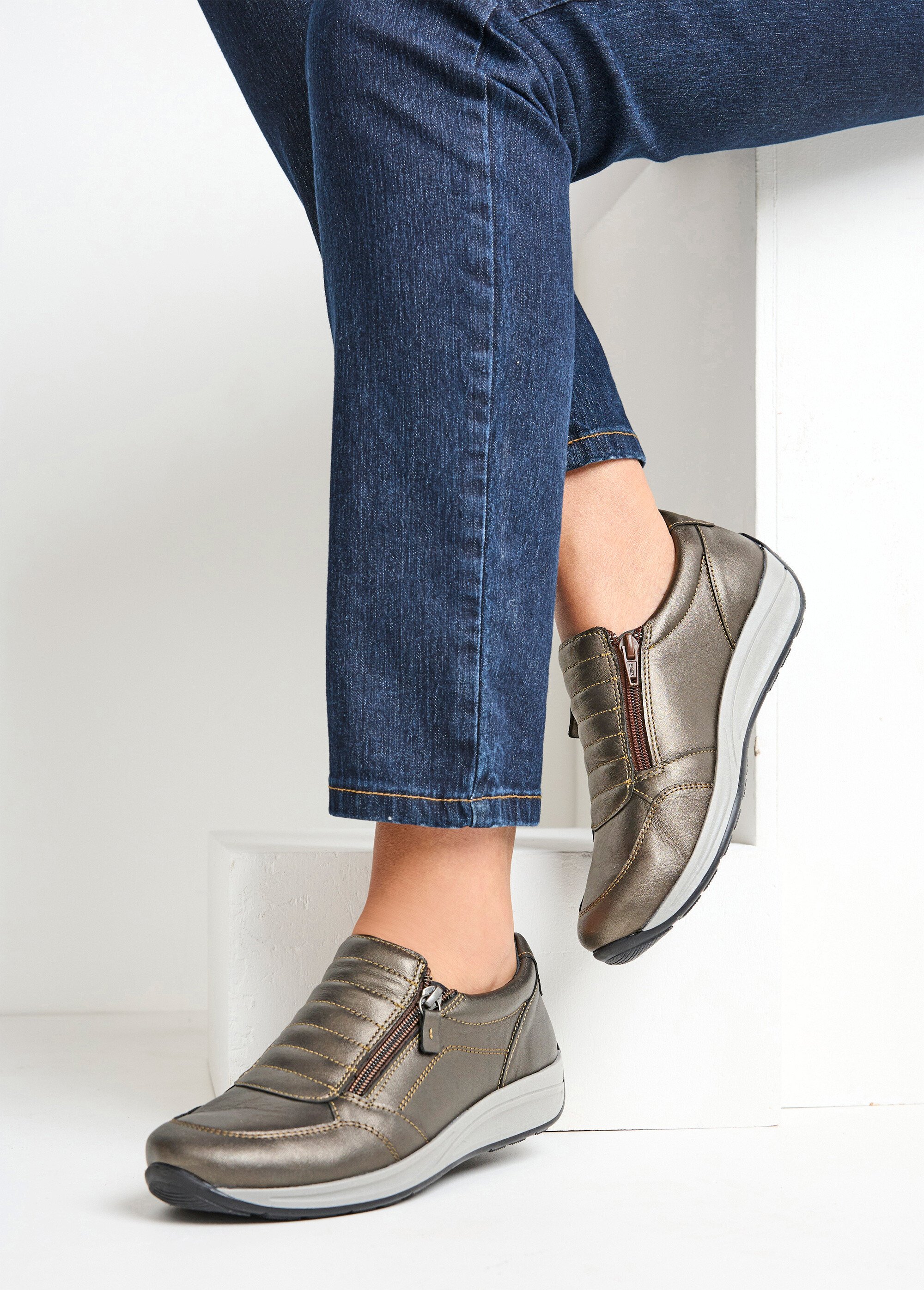 Baskets cuir zippées grande largeur Femme Marron OUZON SI1