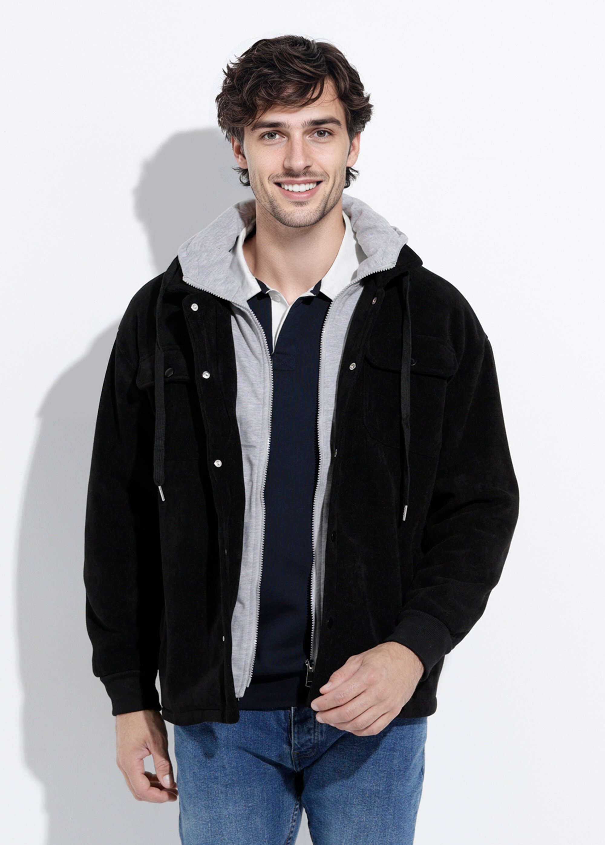Blouson à capuche effet de superposition Homme Noir DYL2571 FA1