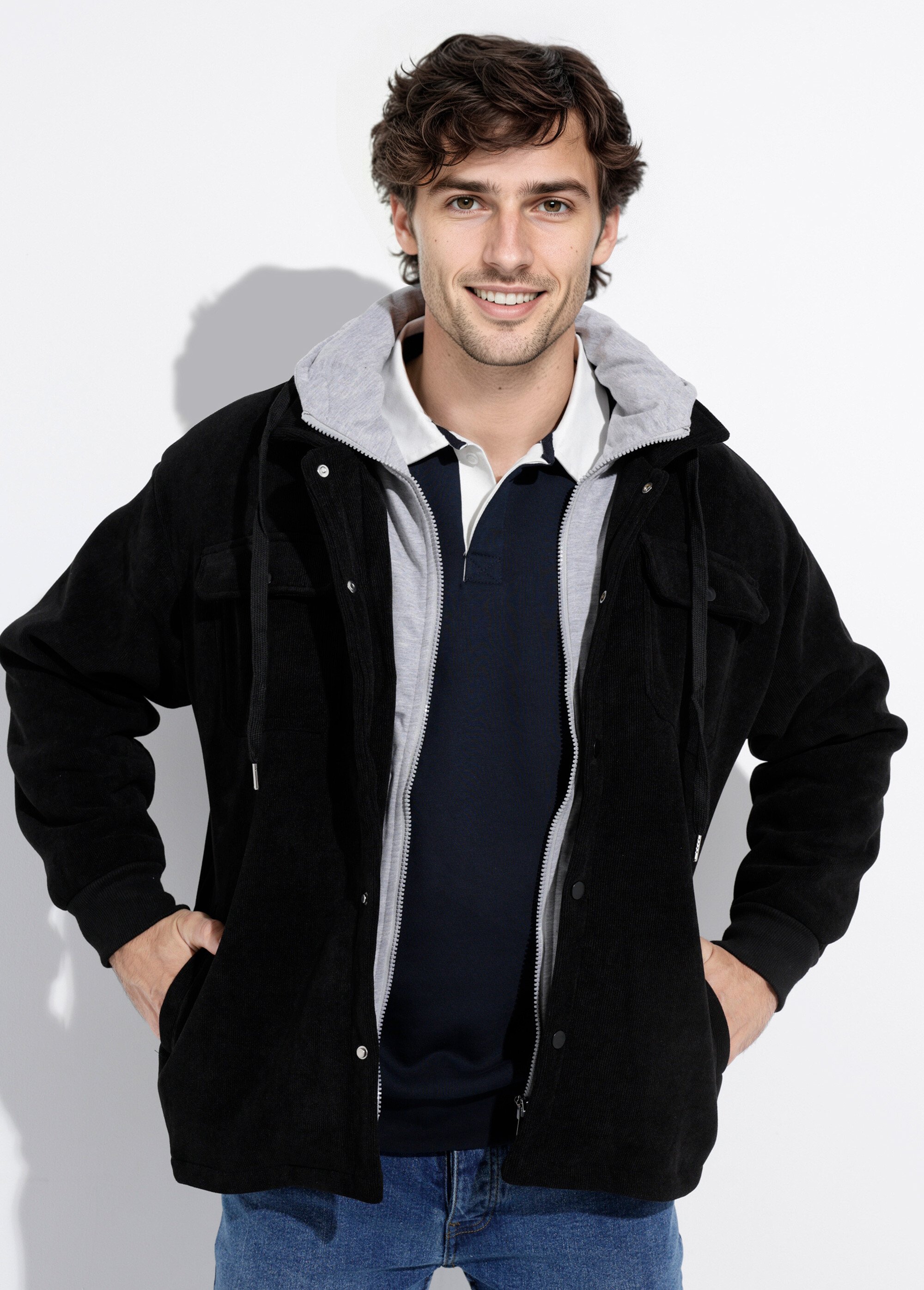 Blouson à capuche effet de superposition Homme Noir DYL2571 MV1