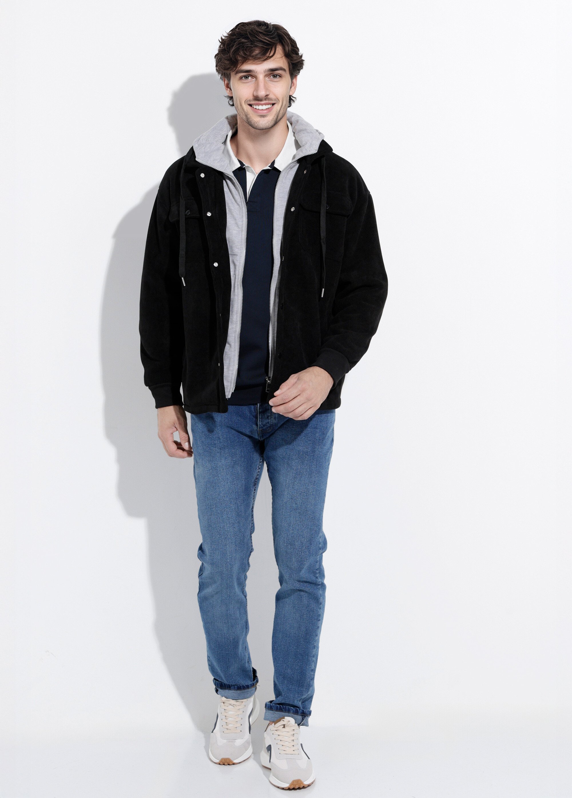 Blouson à capuche effet de superposition Homme Noir DYL2571 SF1