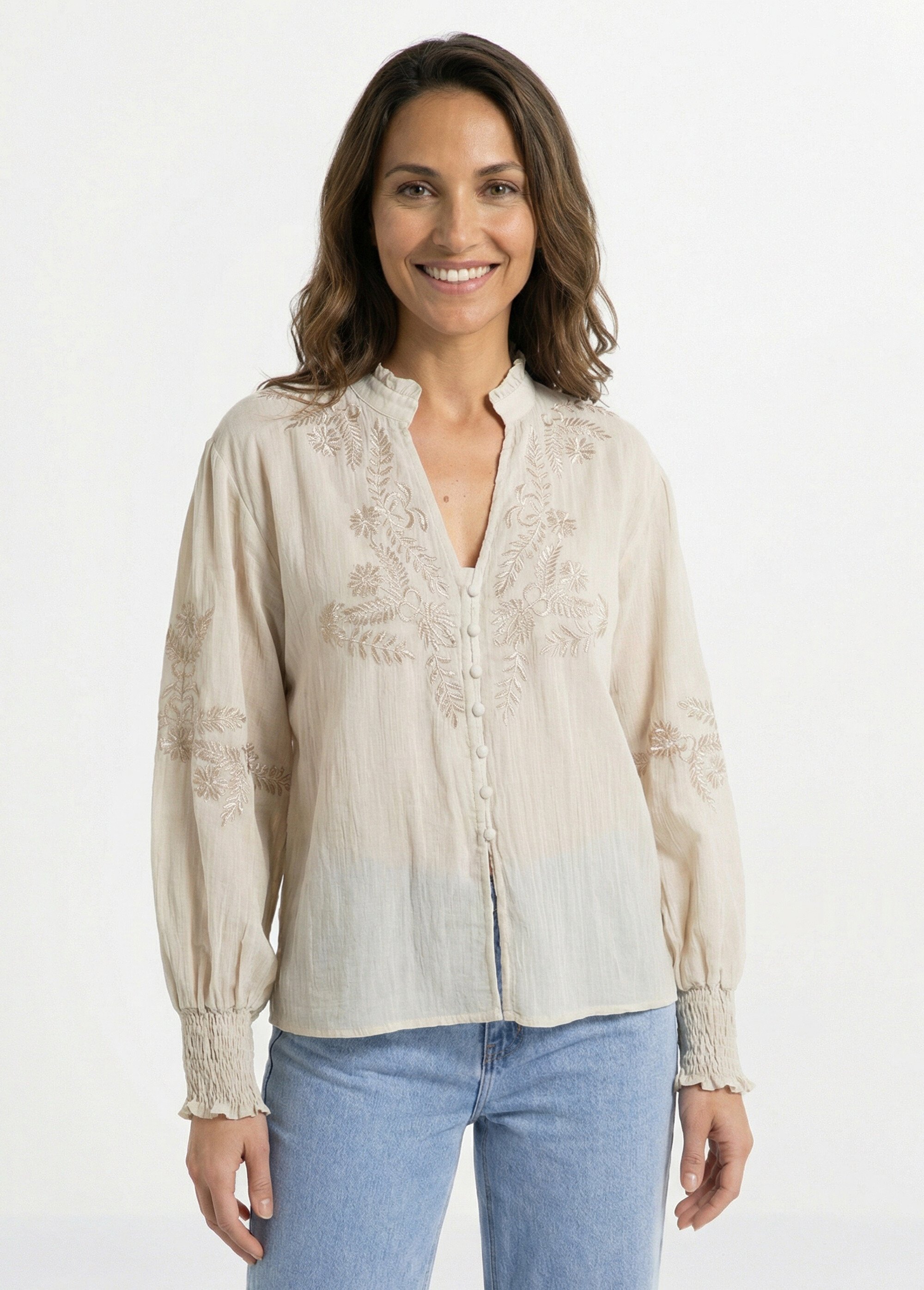 Chemisier brodé, col et poignets plissés Femme Beige JSM-CH2505 FA1