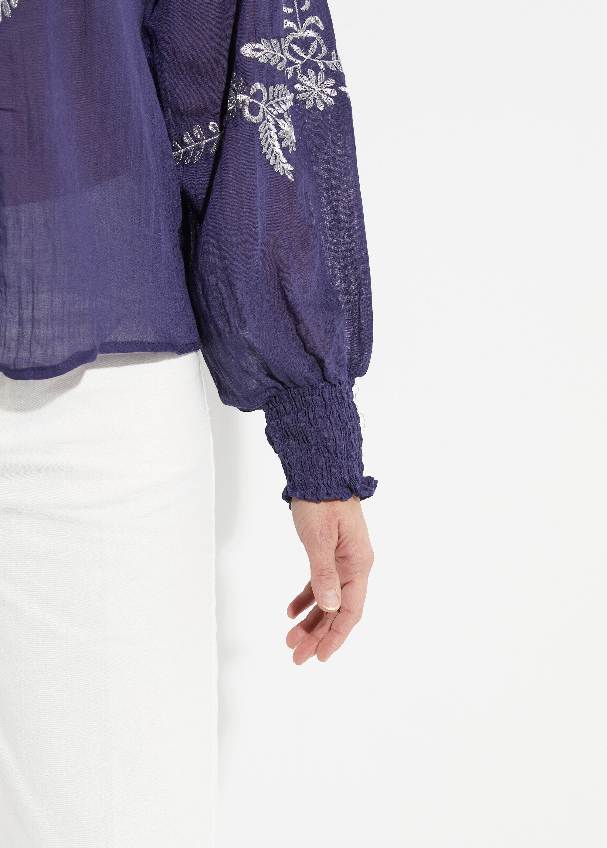 Chemisier brodé, col et poignets plissés Femme Bleu JSM-CH2505 DE1