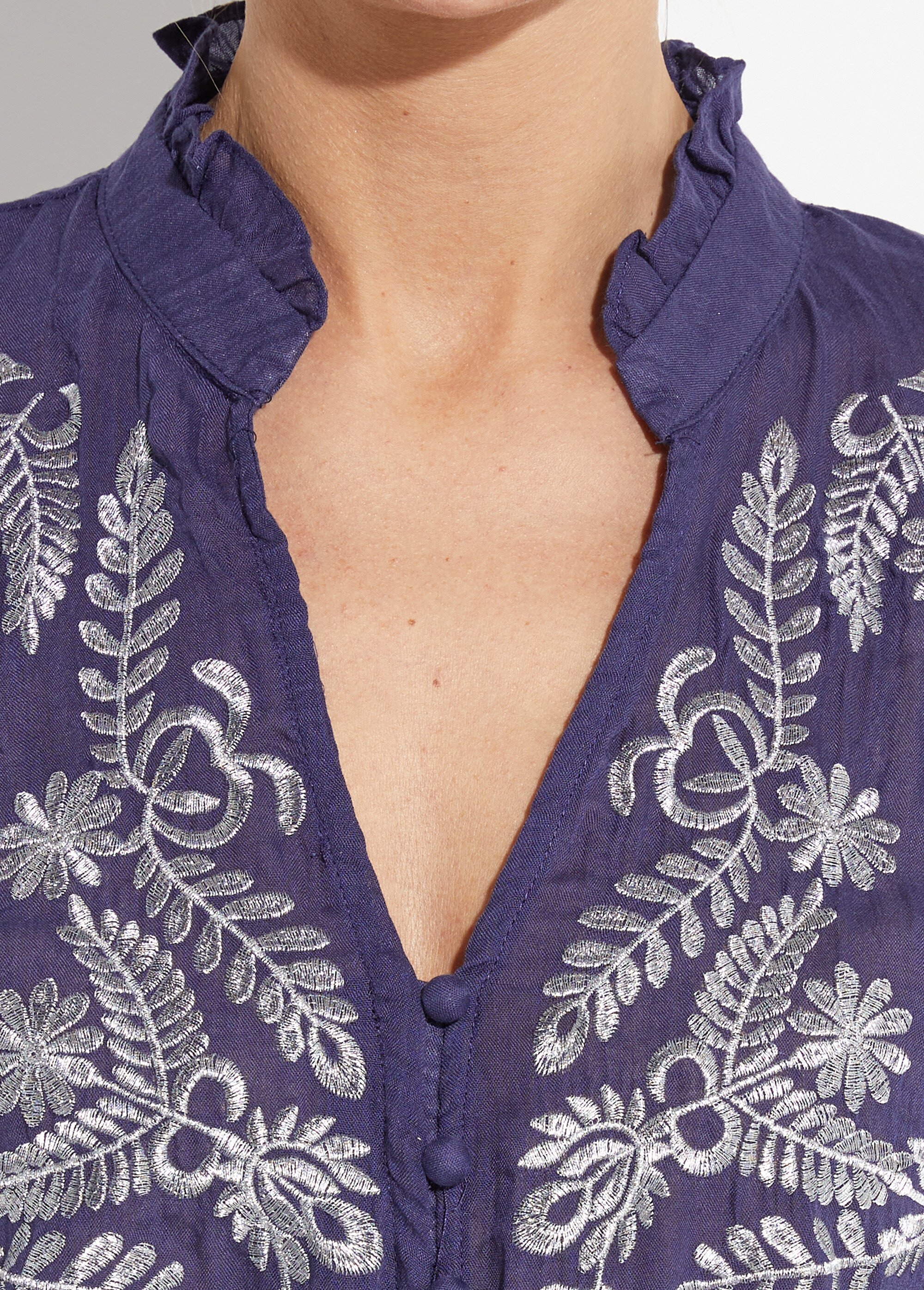 Chemisier brodé, col et poignets plissés Femme Bleu JSM-CH2505 DE2