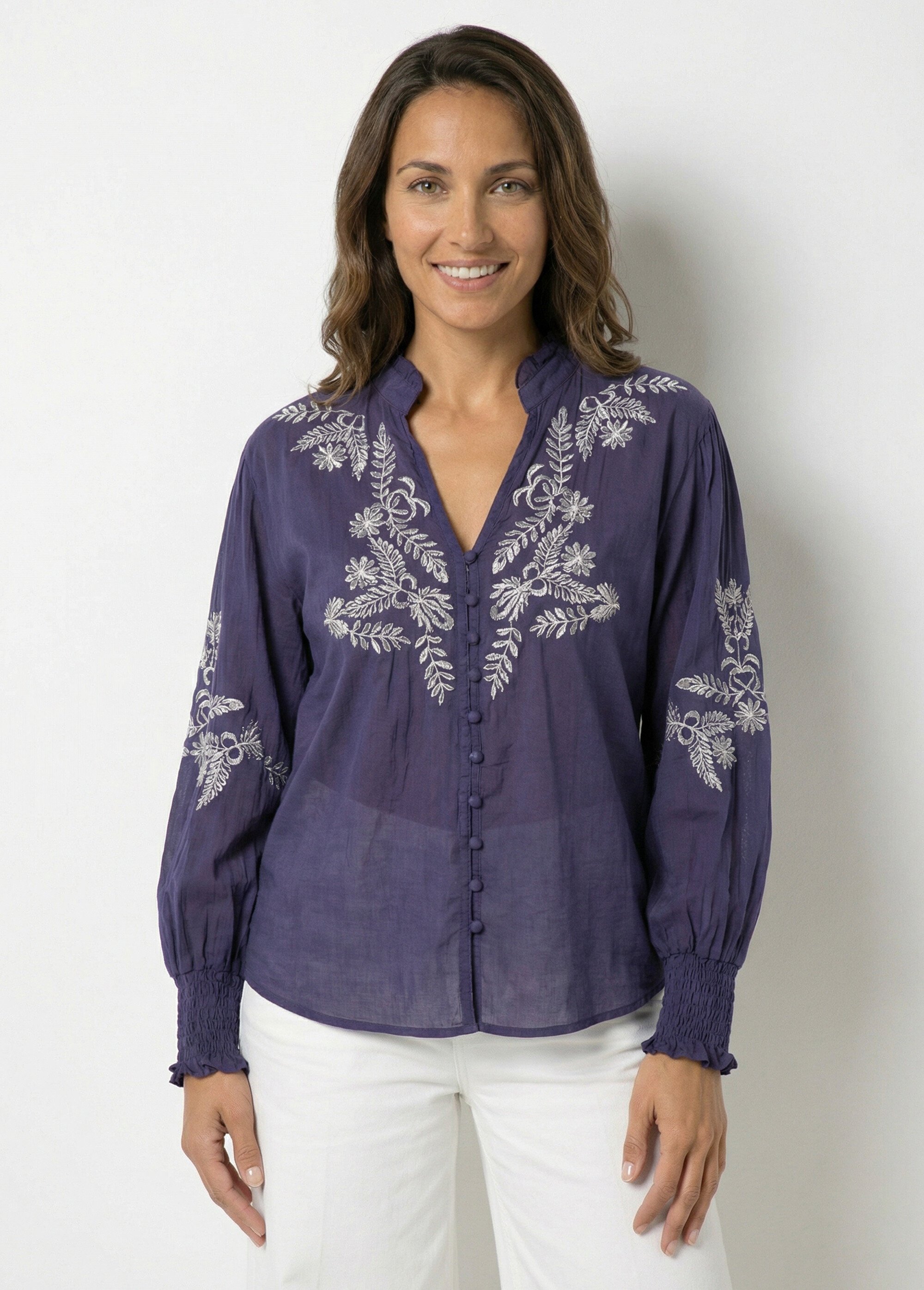 Chemisier brodé, col et poignets plissés Femme Bleu JSM-CH2505 FA1