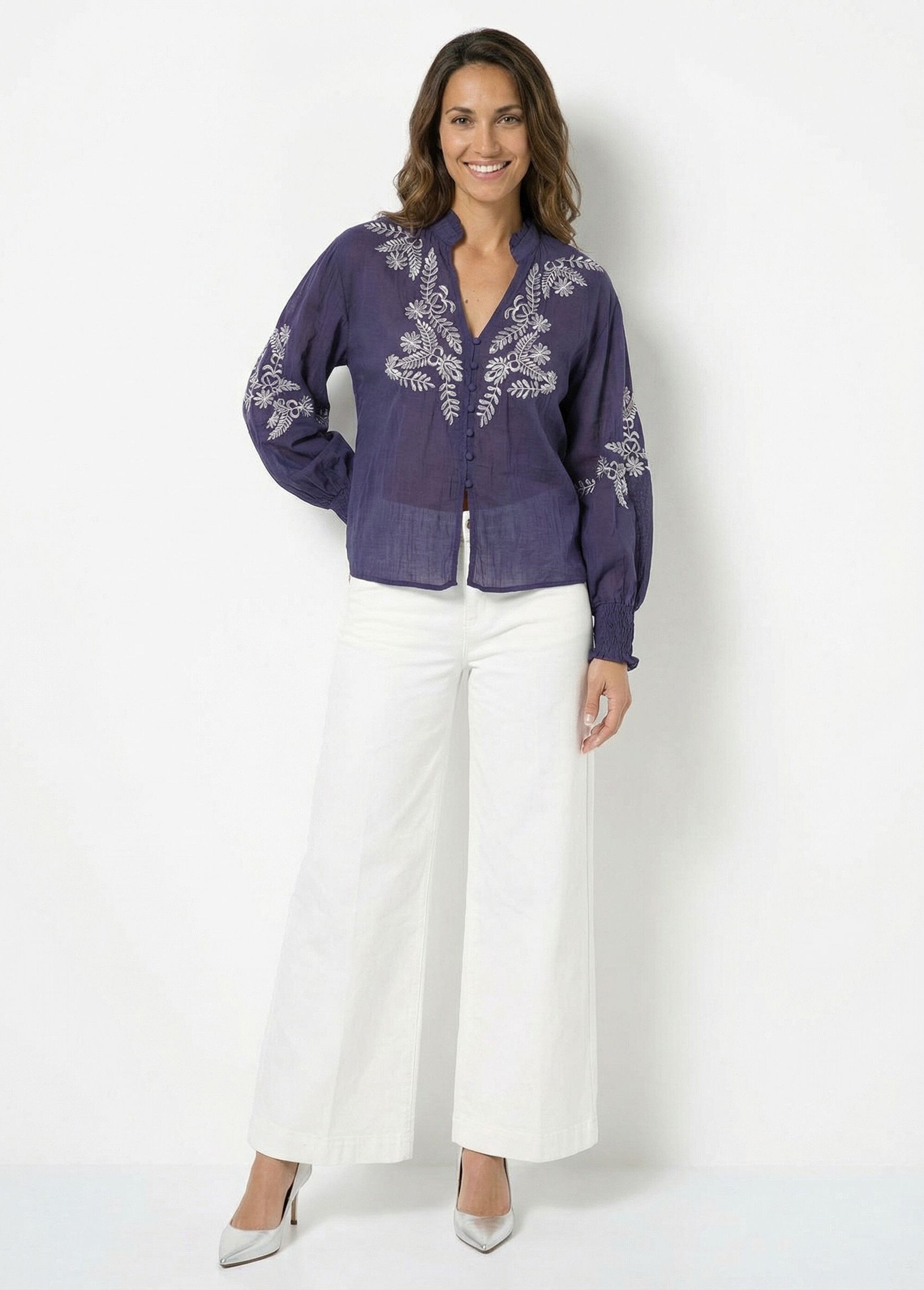 Chemisier brodé, col et poignets plissés Femme Bleu JSM-CH2505 SF1