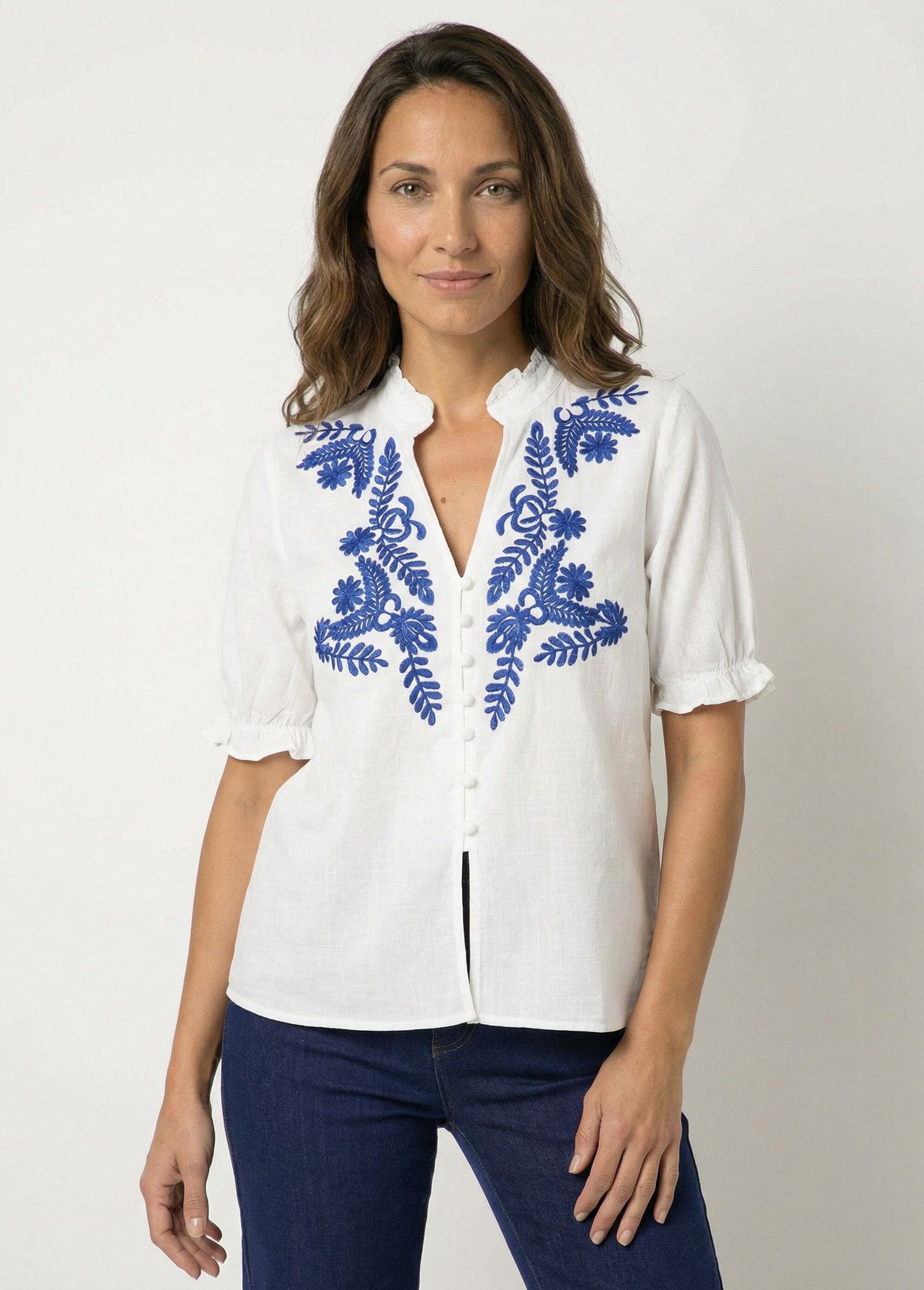 Chemisier coton brodé à manches courtes Femme Blanc JSM-CH3171 FA1