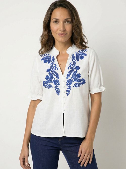 Chemisier coton brodé à manches courtes Femme Blanc JSM-CH3171 FA1
