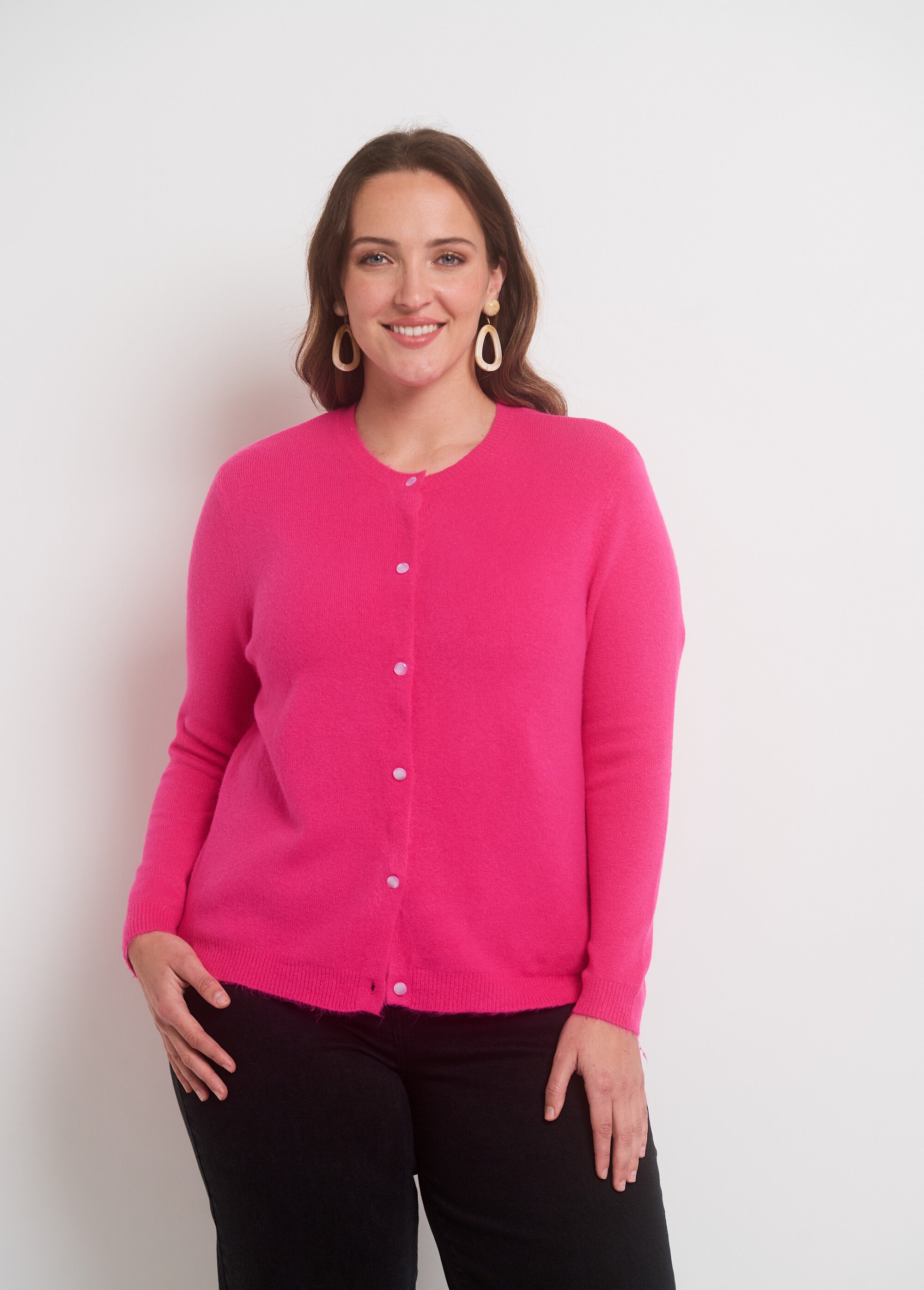 Gilet boutonné en maille chaleureuse Femme Grande Taille Rose BO-PU70085 FA1