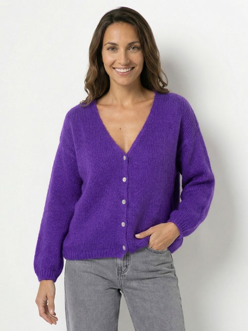 Gilet chaud col V en maille mohair Femme Violet WHN-1736 FA1