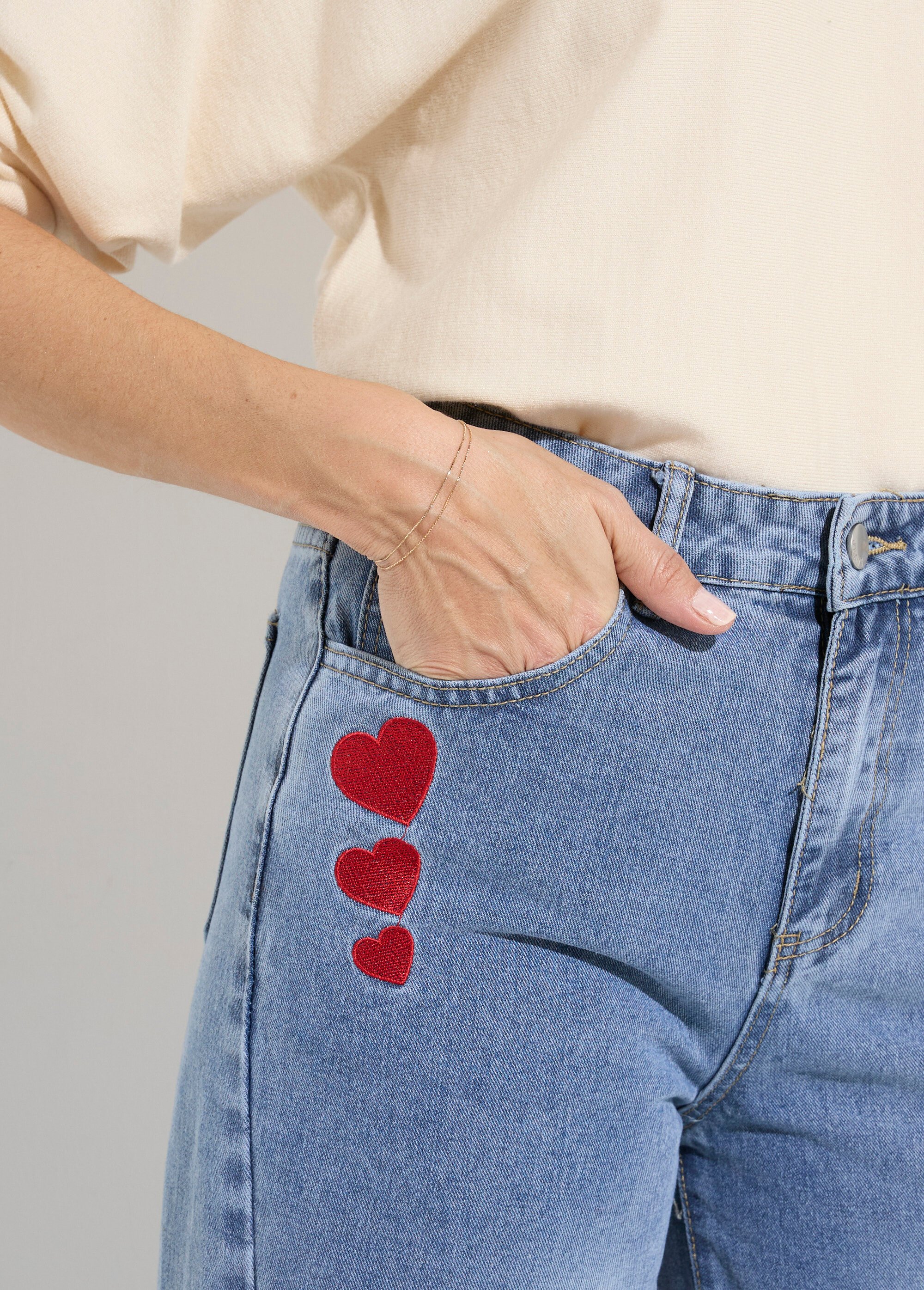 Jean 5 poches large denim broderies cœur Femme Bleu JS-TR1330 DE1