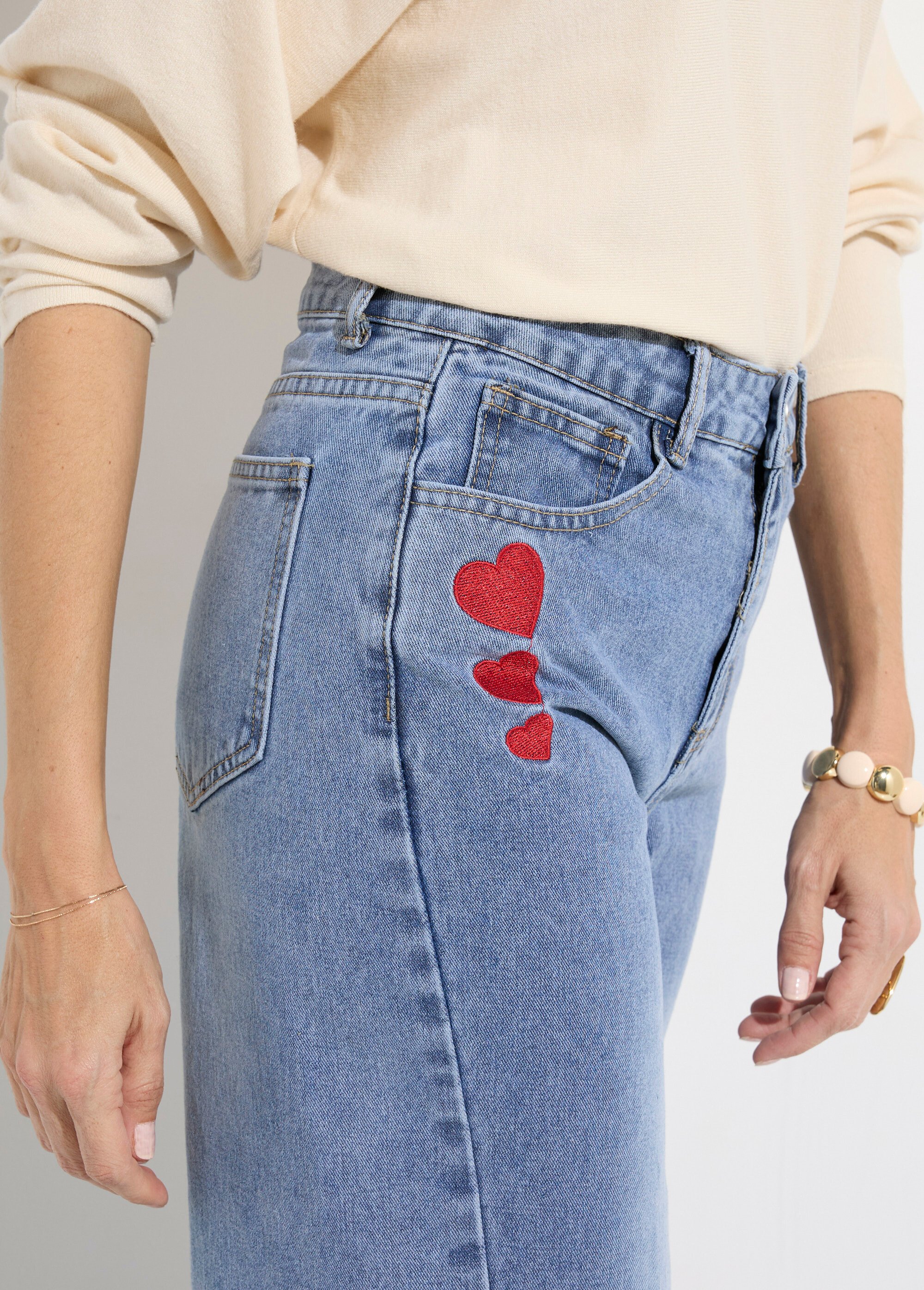 Jean 5 poches large denim broderies cœur Femme Bleu JS-TR1330 DE2