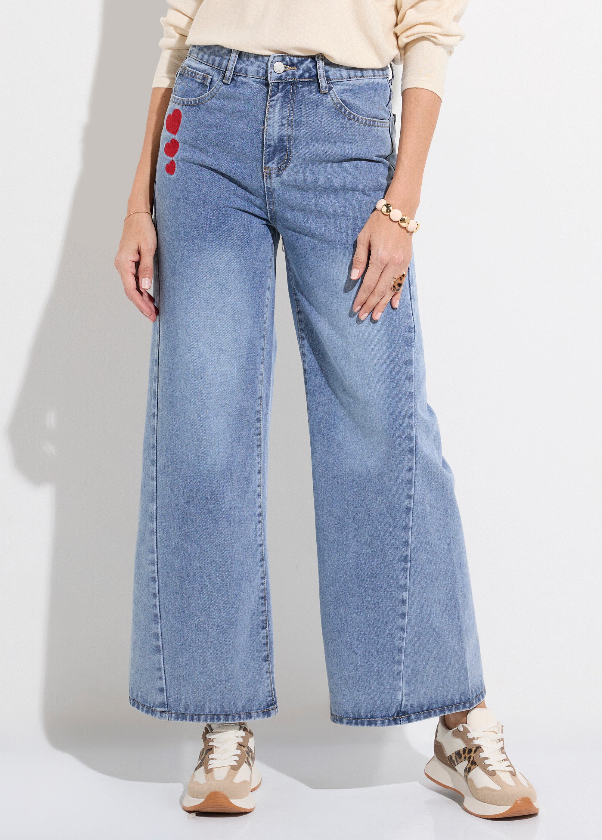 Jean 5 poches large denim broderies cœur Femme Bleu JS-TR1330 FA1