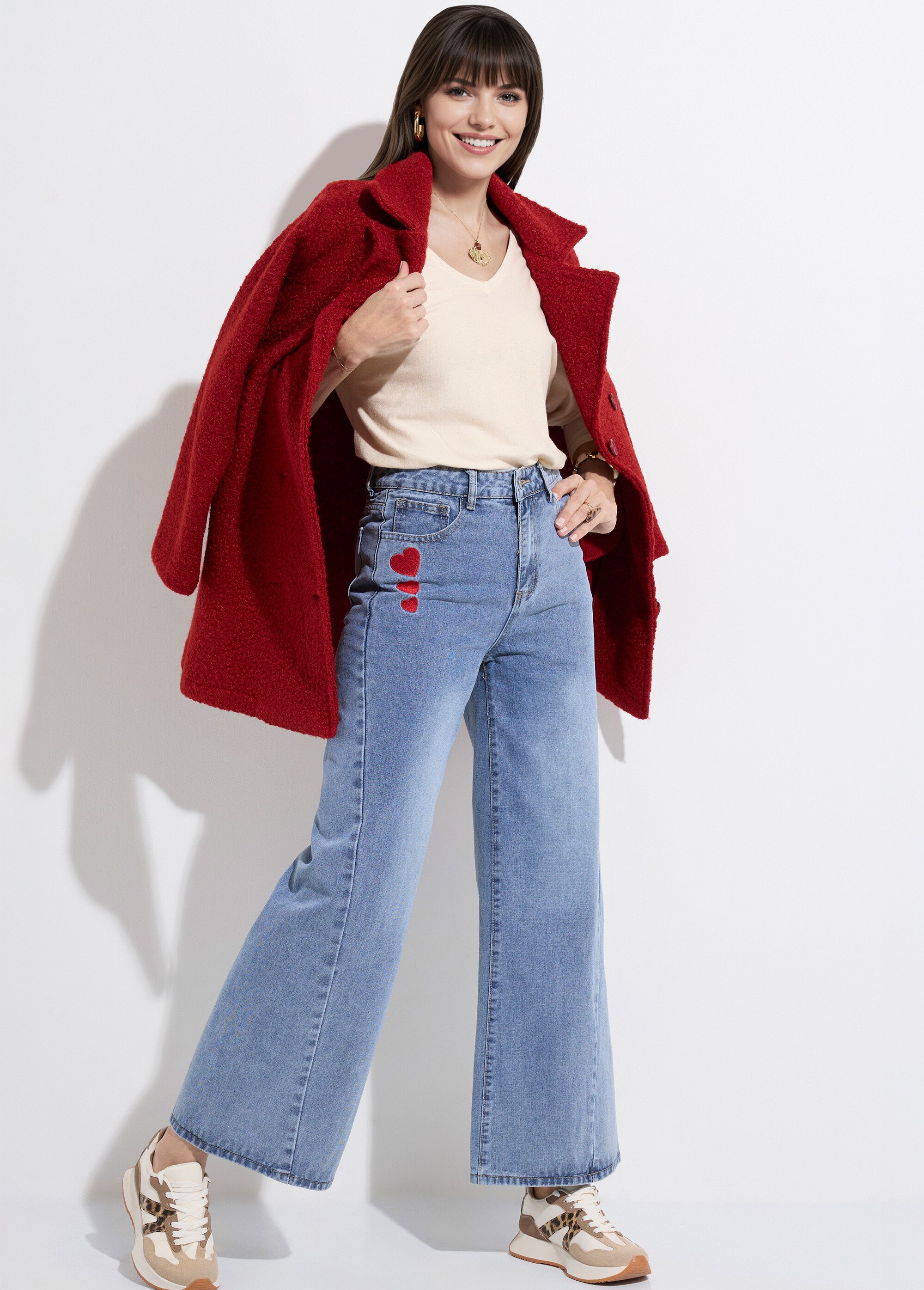 Jean 5 poches large denim broderies cœur Femme Bleu JS-TR1330 MV1