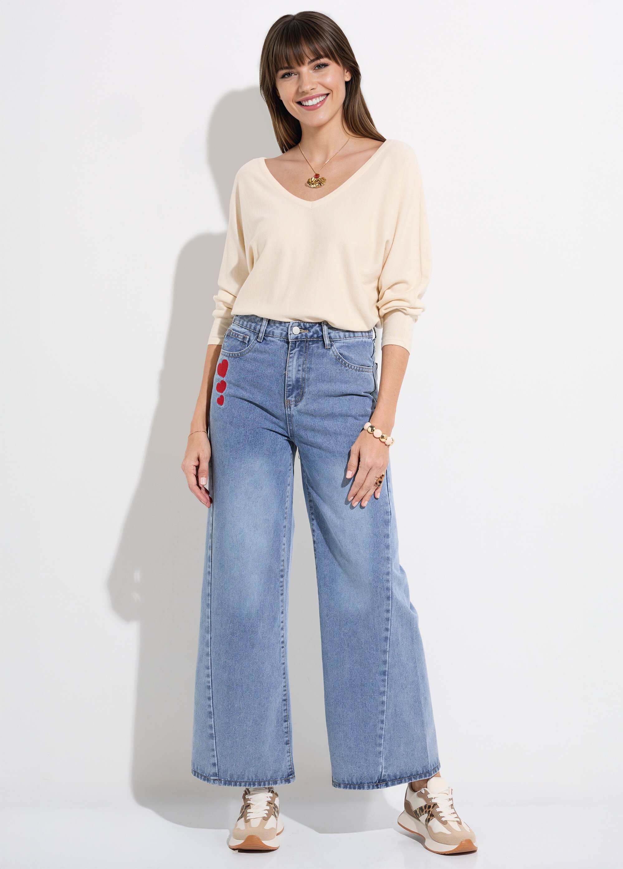 Jean 5 poches large denim broderies cœur Femme Bleu JS-TR1330 SF1