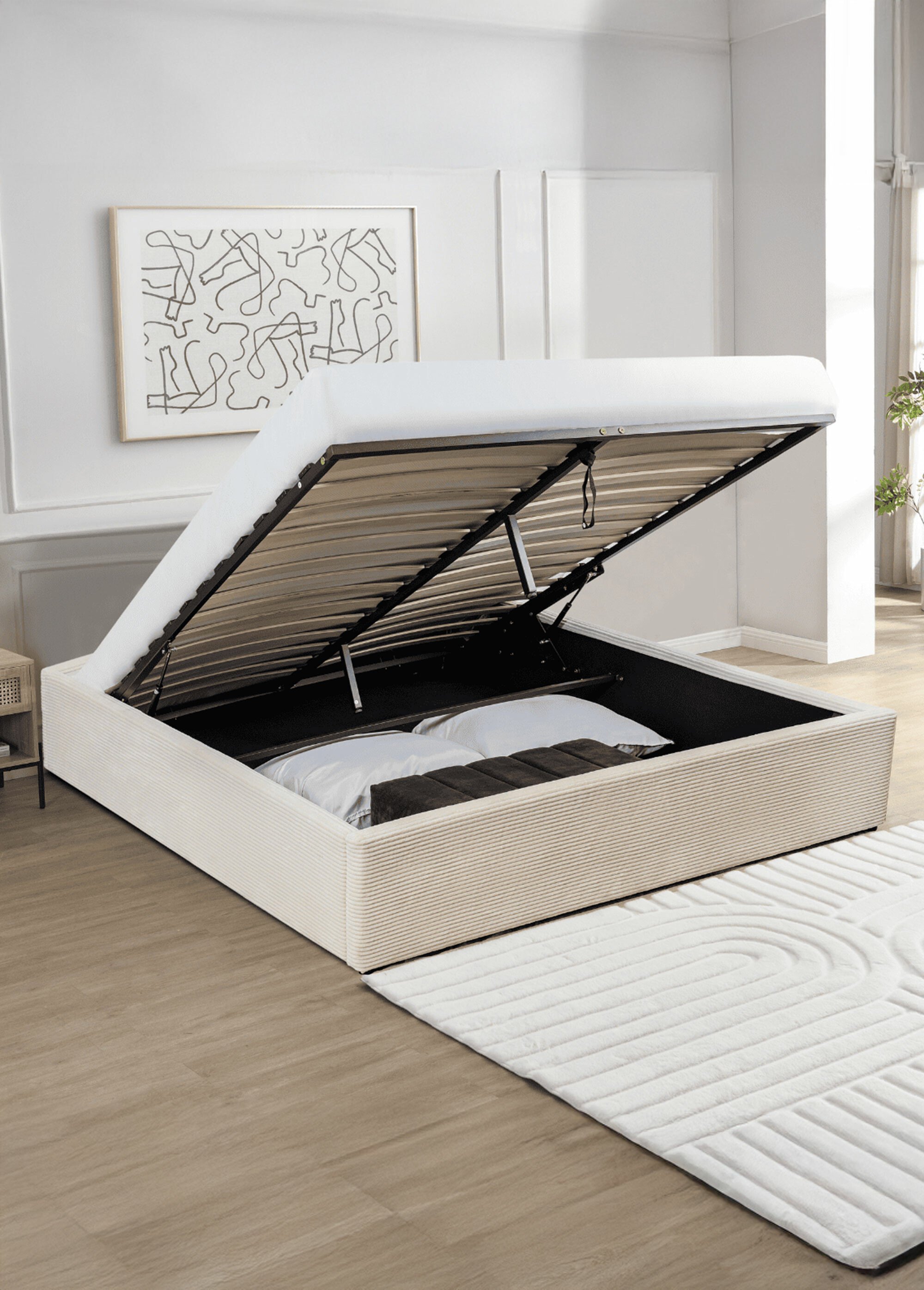 Lit coffre avec sommier, velours cotelé BEIGE CAL-14866133 SI2