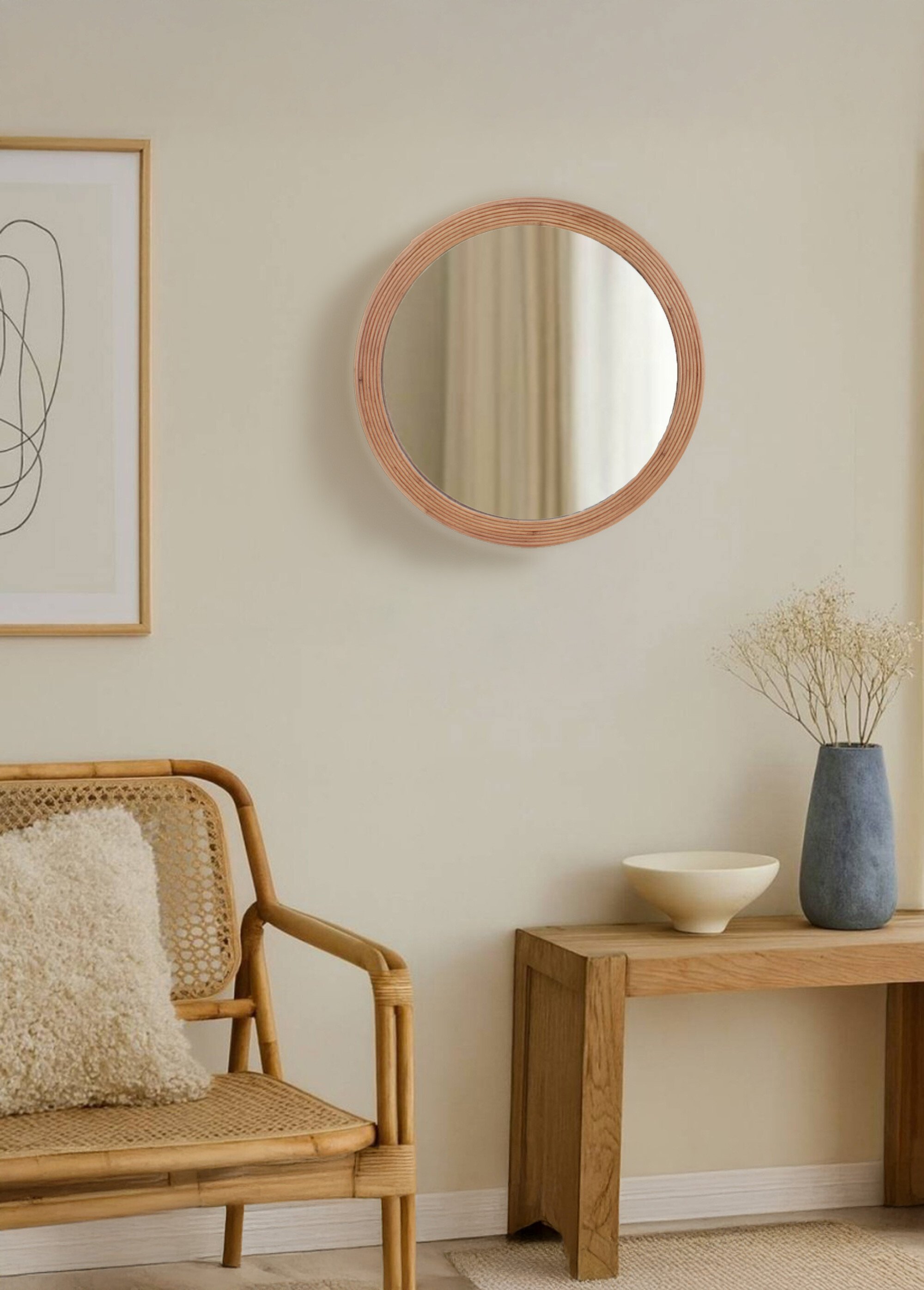 Miroir rond avec bord en rotin foncé Beige NOR-15001 SI1