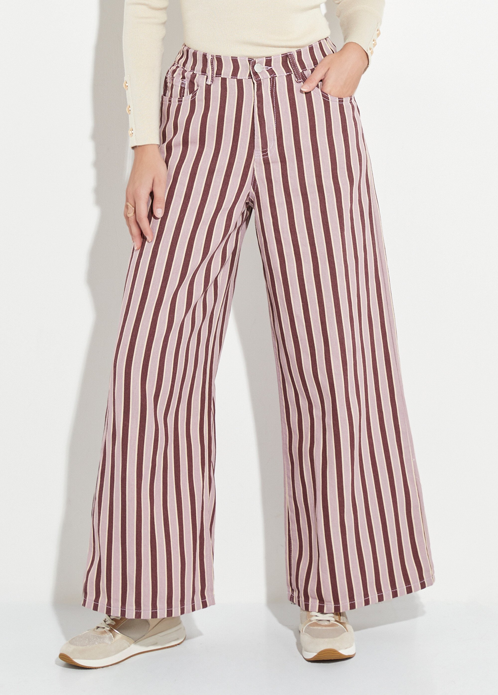 Pantalon très large, denim rayé fantaisie Femme Rose JS-TR1710 FA1