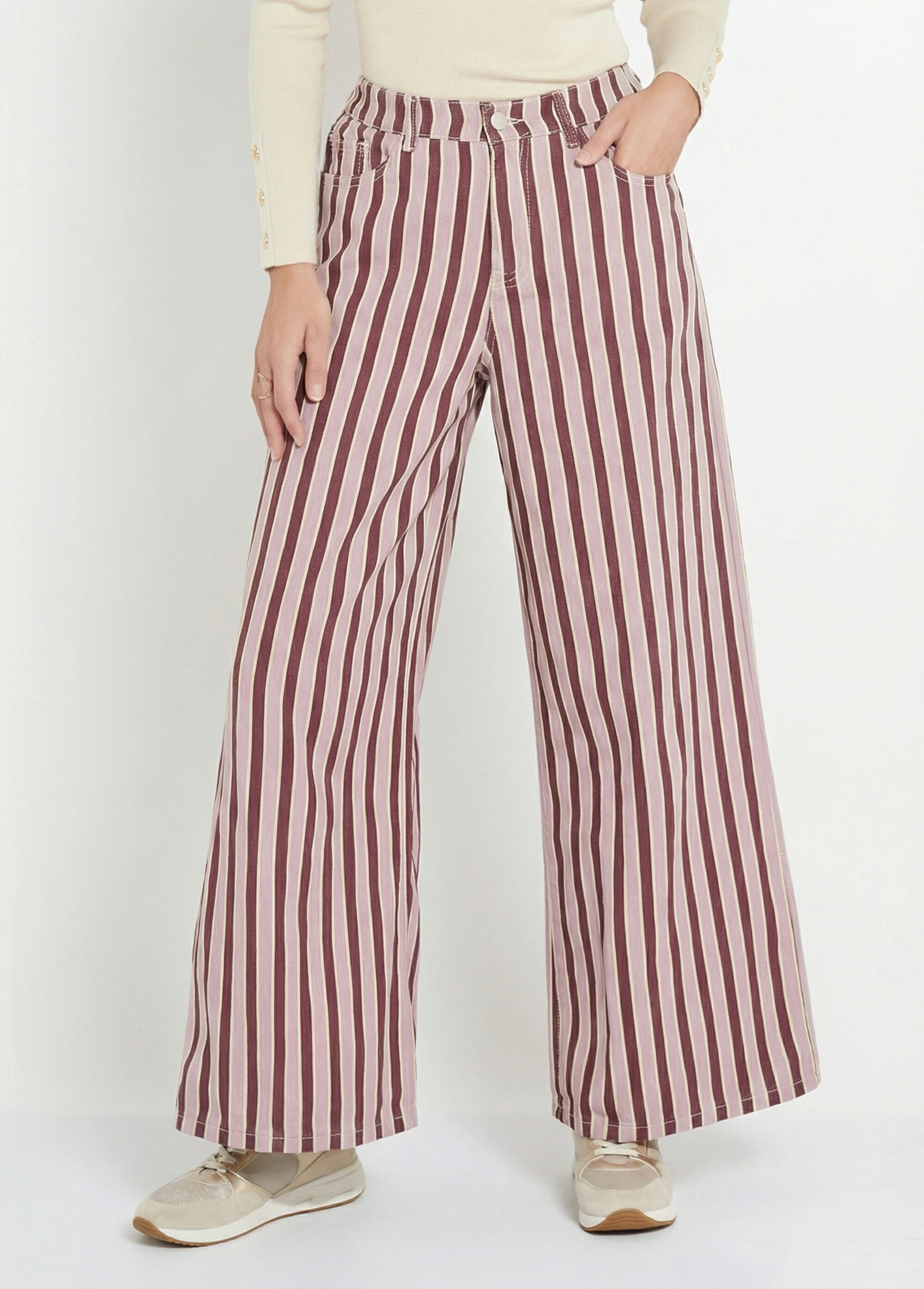 Pantalon très large, denim rayé fantaisie Femme Rose JS-TR1710 FA1