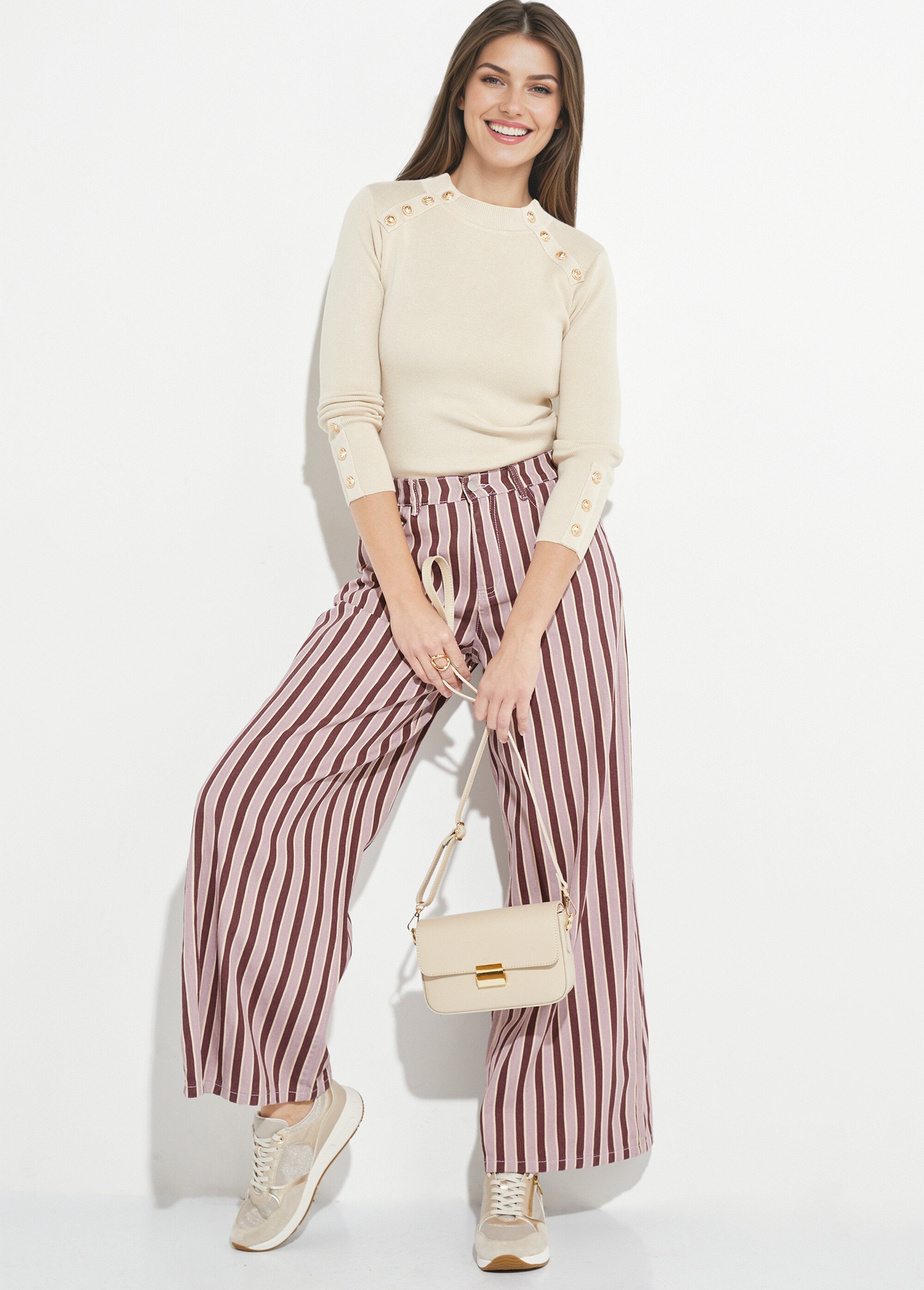 Pantalon très large, denim rayé fantaisie Femme Rose JS-TR1710 MV1