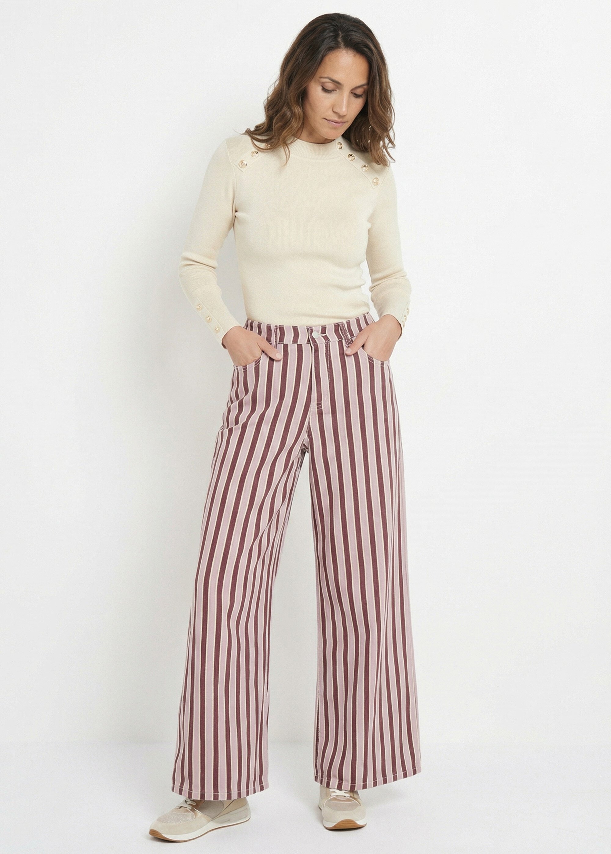 Pantalon très large, denim rayé fantaisie Femme Rose JS-TR1710 MV1