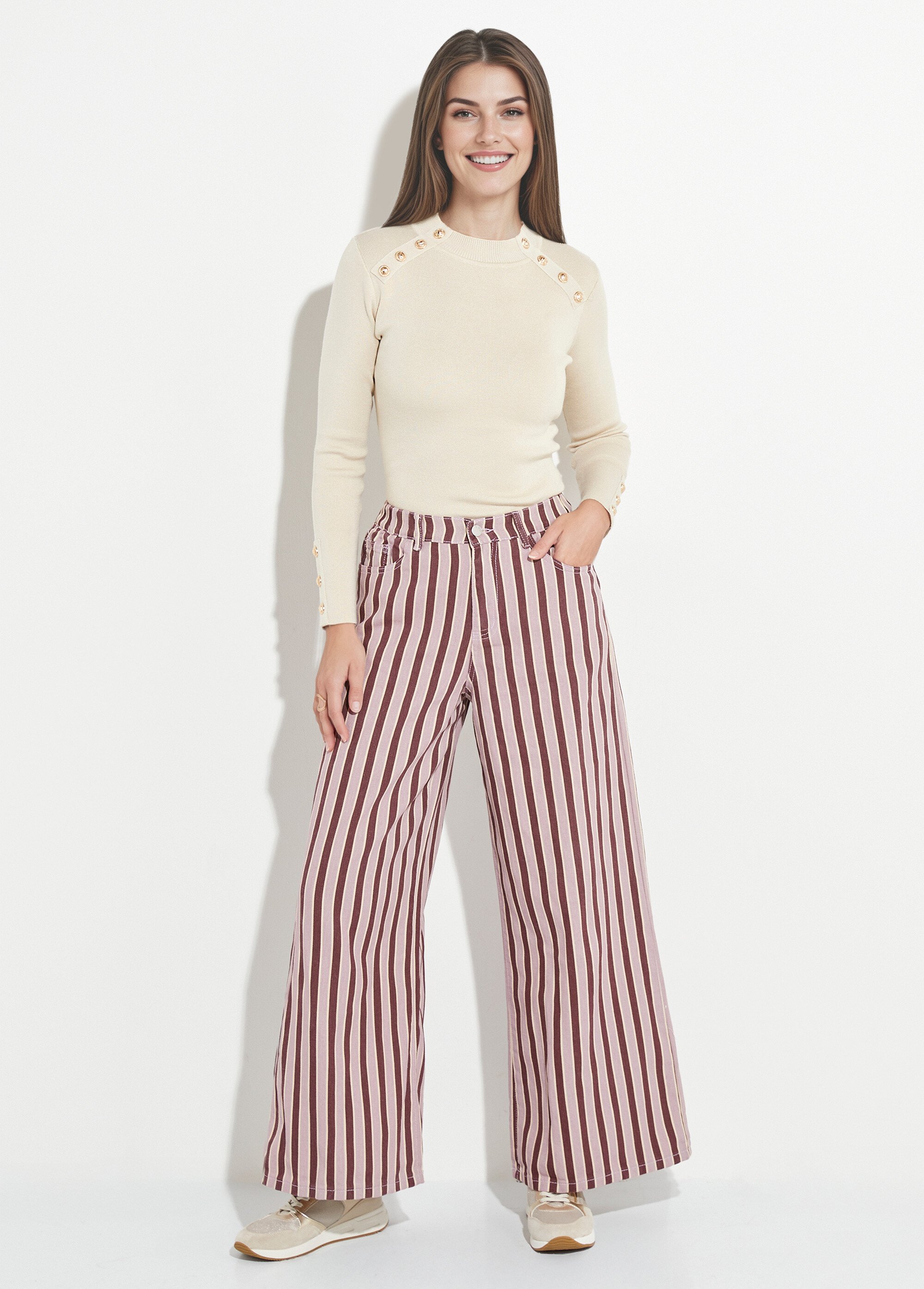 Pantalon très large, denim rayé fantaisie Femme Rose JS-TR1710 SF1