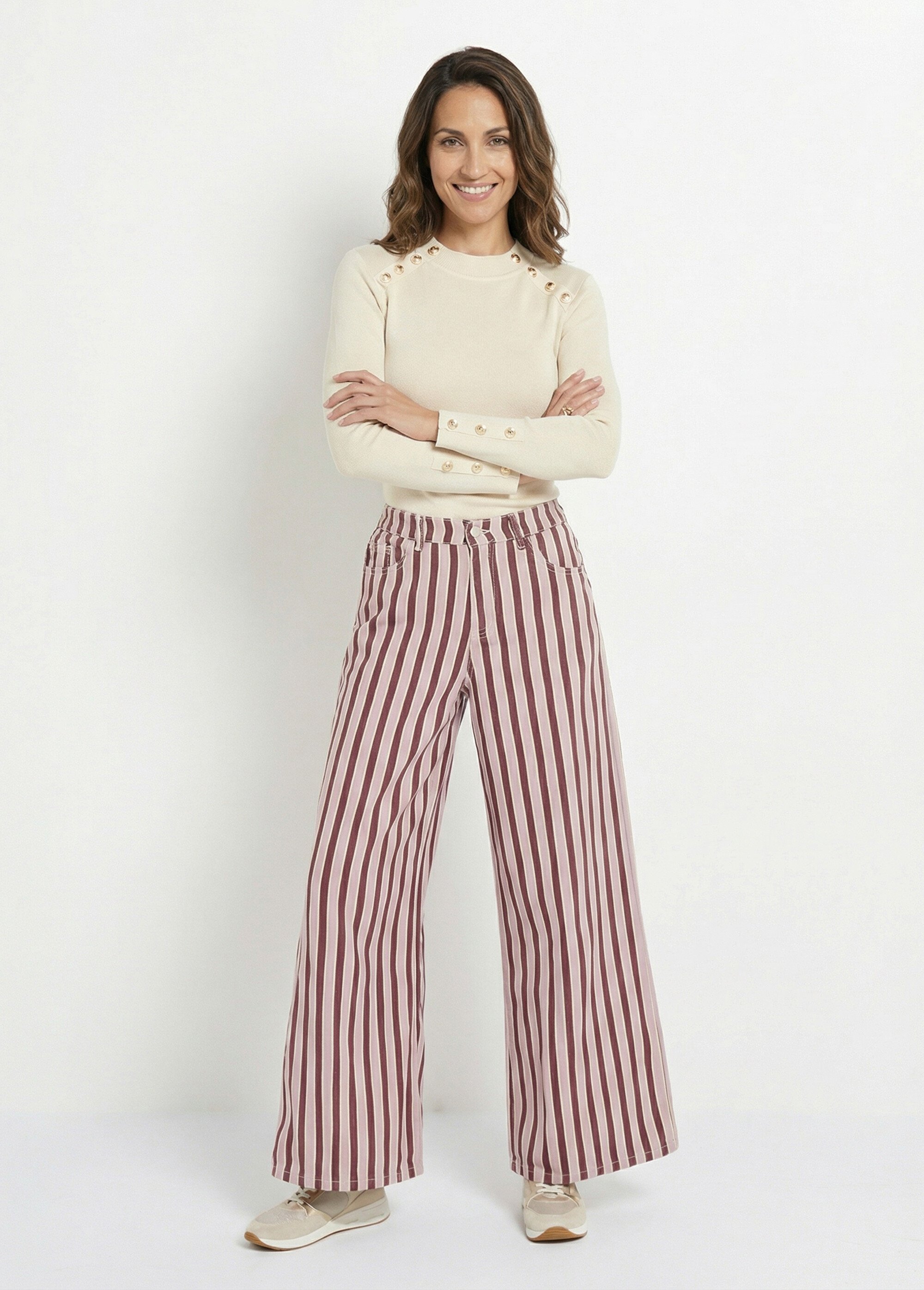 Pantalon très large, denim rayé fantaisie Femme Rose JS-TR1710 SI1