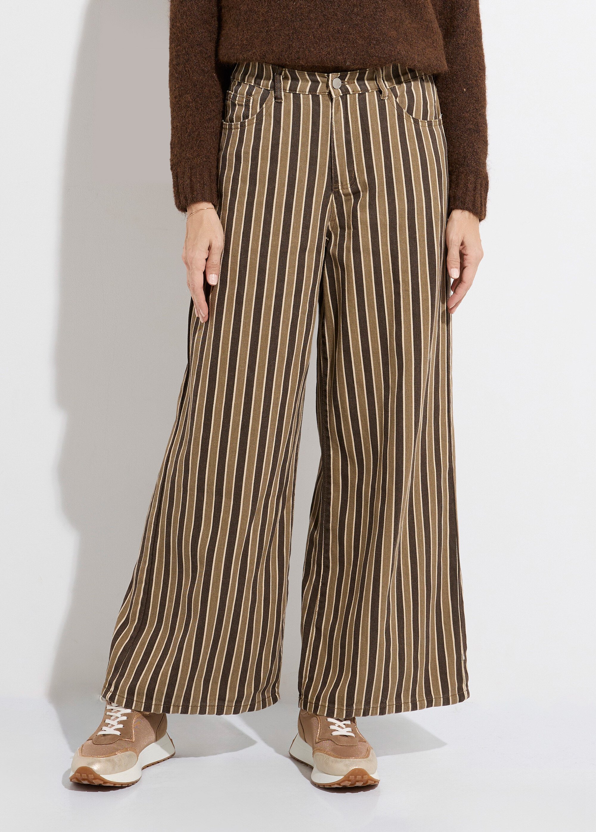Pantalon très large, denim rayé fantaisie Femme Marron JS-TR1710 FA1
