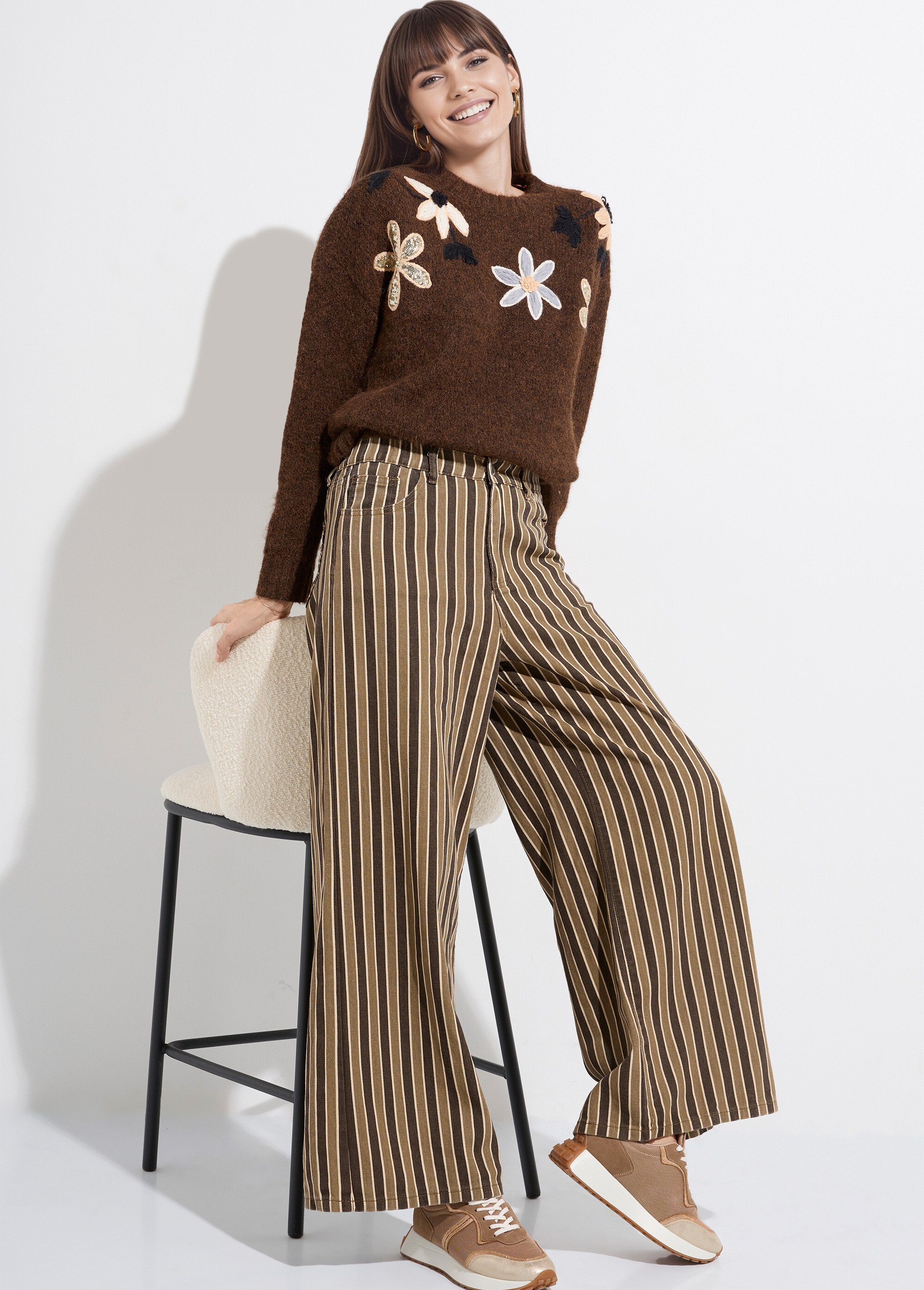 Pantalon très large, denim rayé fantaisie Femme Marron JS-TR1710 MV1