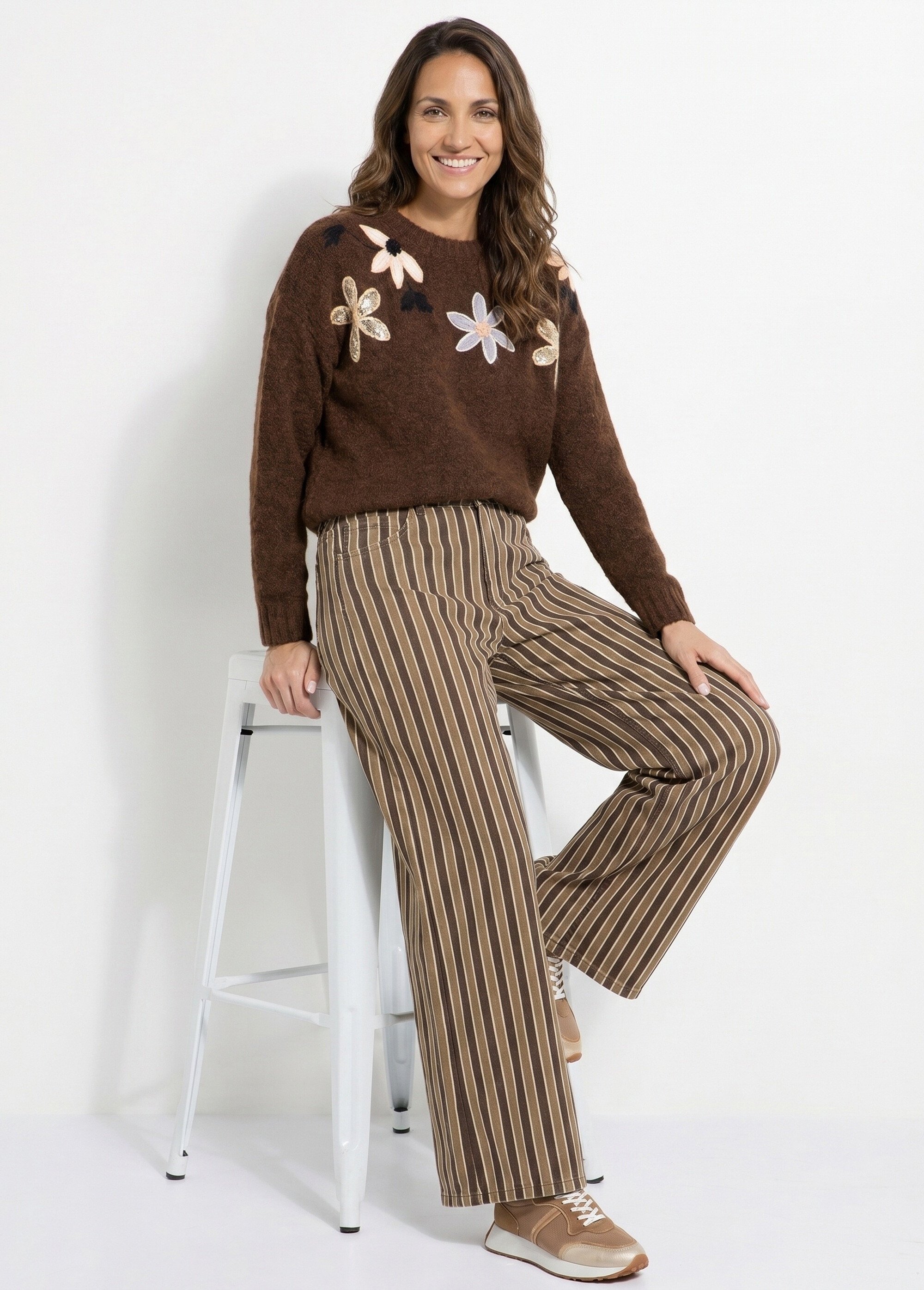 Pantalon très large, denim rayé fantaisie Femme Marron JS-TR1710 MV1