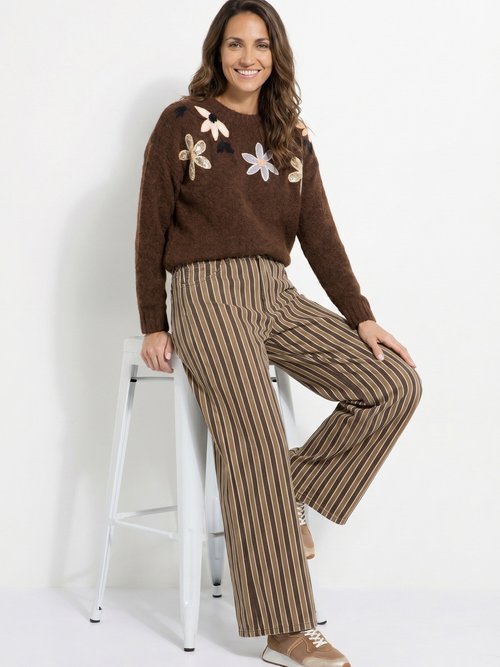 Pantalon très large, denim rayé fantaisie Femme Marron JS-TR1710 MV1