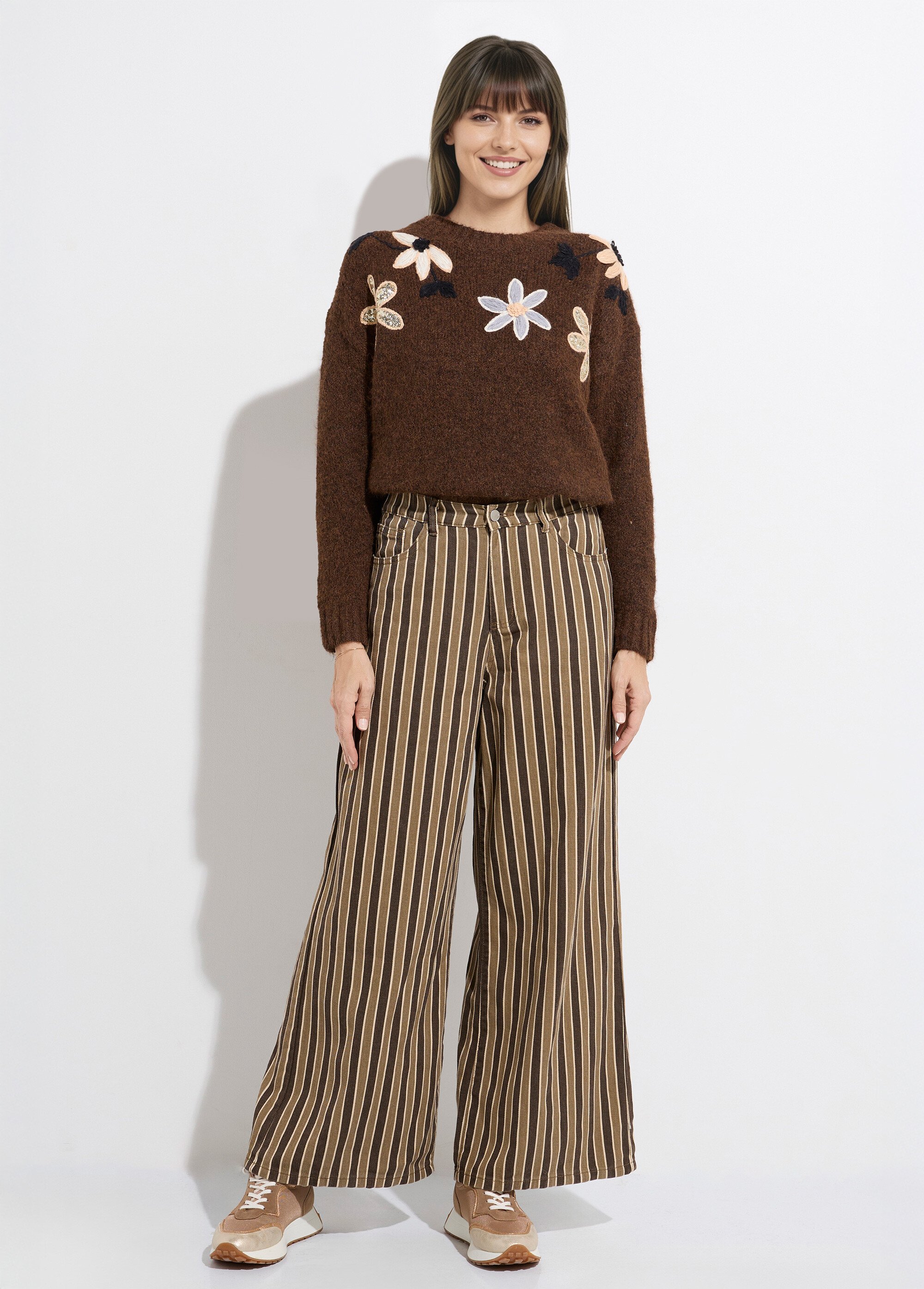 Pantalon très large, denim rayé fantaisie Femme Marron JS-TR1710 SF1