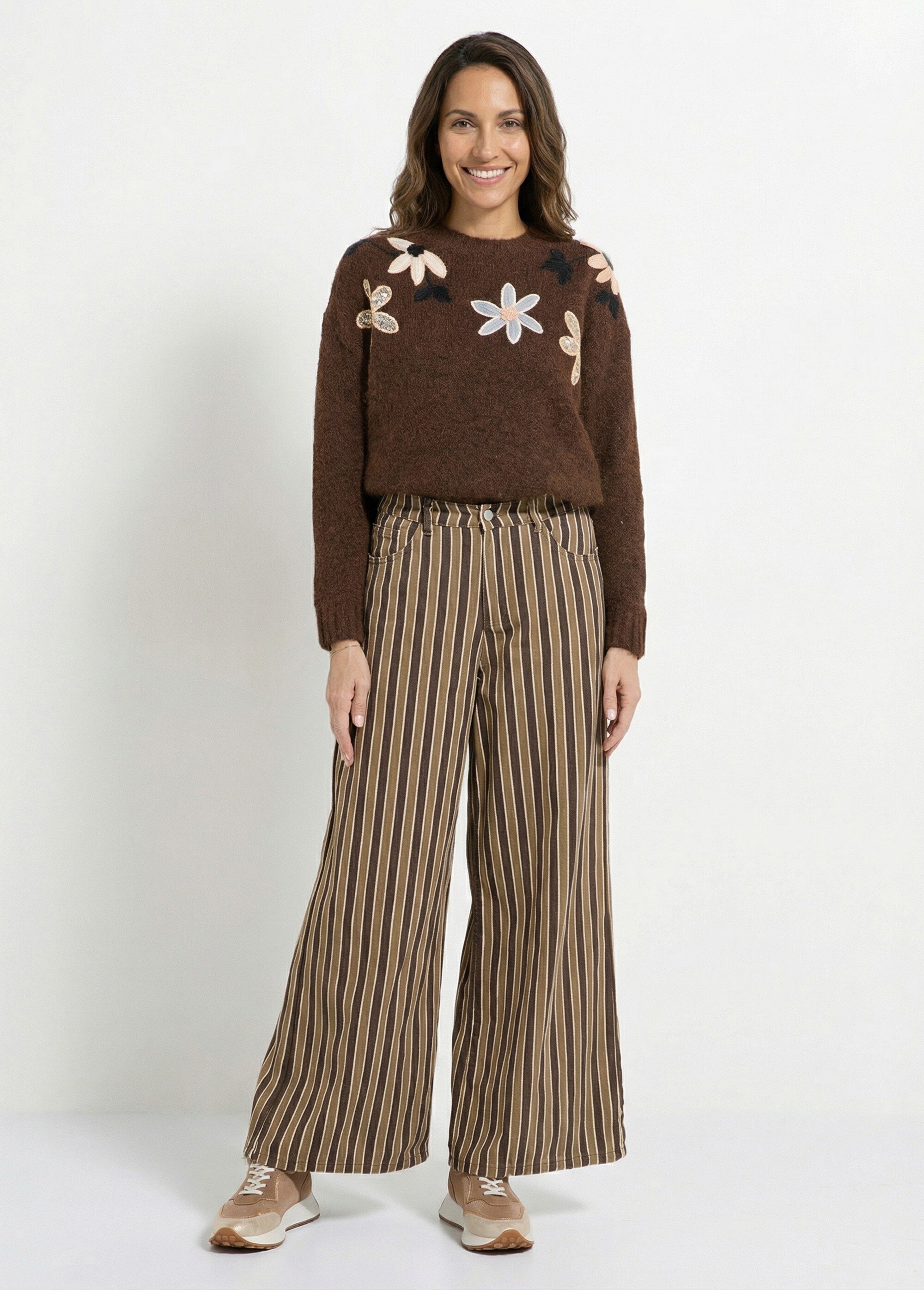 Pantalon très large, denim rayé fantaisie Femme Marron JS-TR1710 SI1