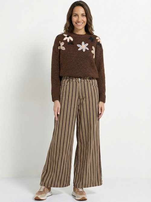 Pantalon très large, denim rayé fantaisie Femme Marron JS-TR1710 SI1