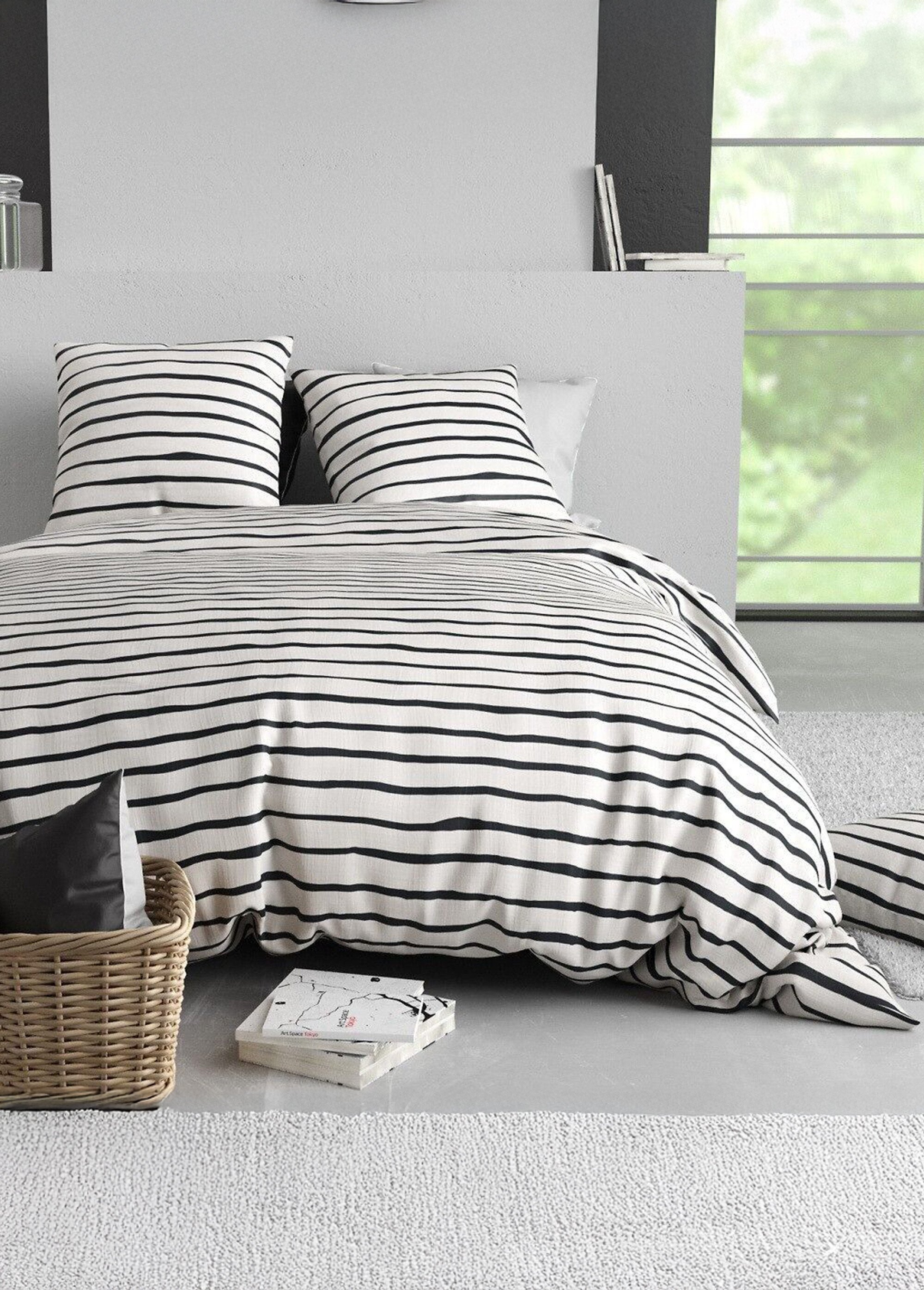 Parure de lit polycoton 2 pers, rayures Blanc OO-136552 FA1