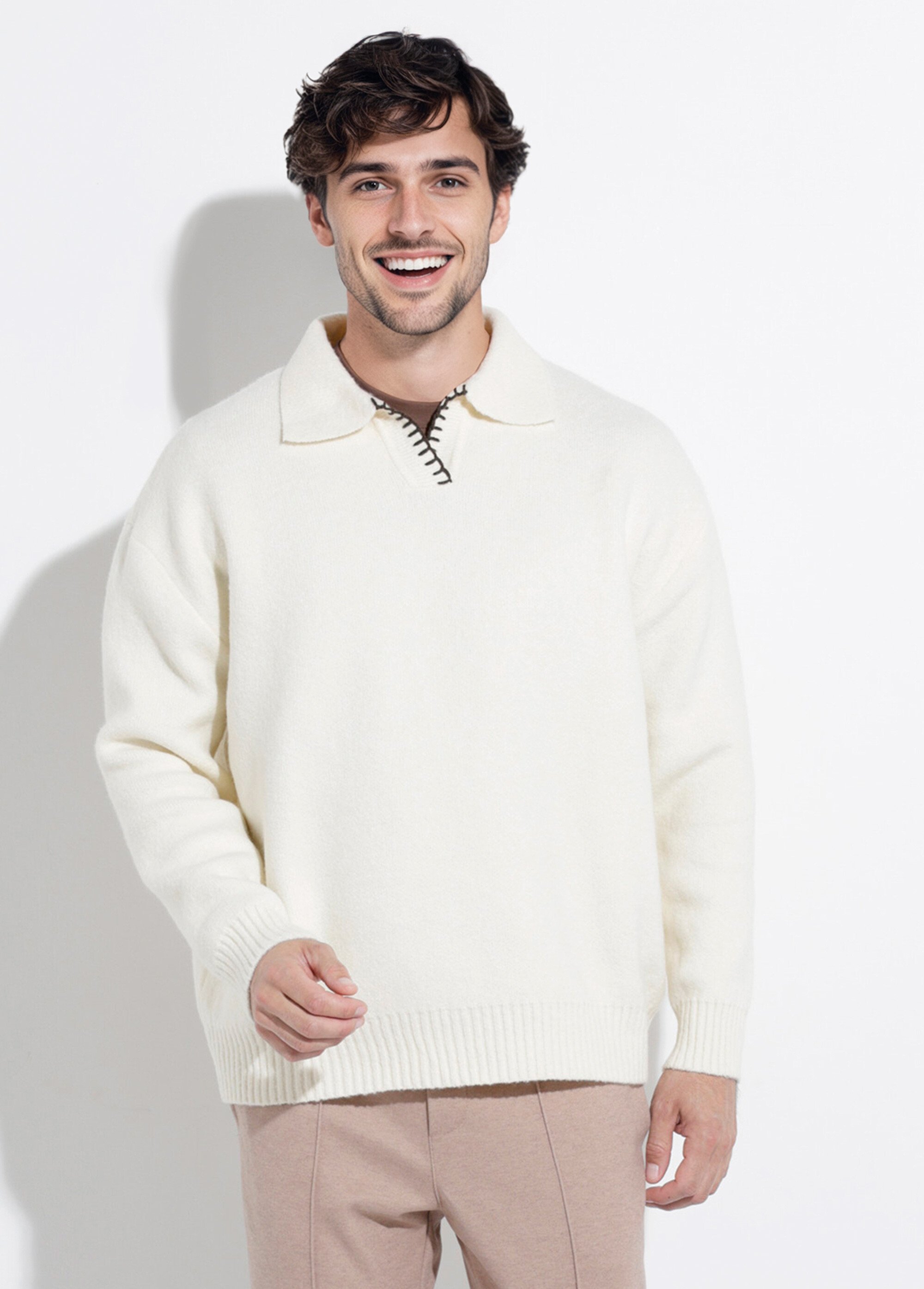 Pull avec col polo finition fantaisie Homme Blanc FRICFD2003-15 FA1