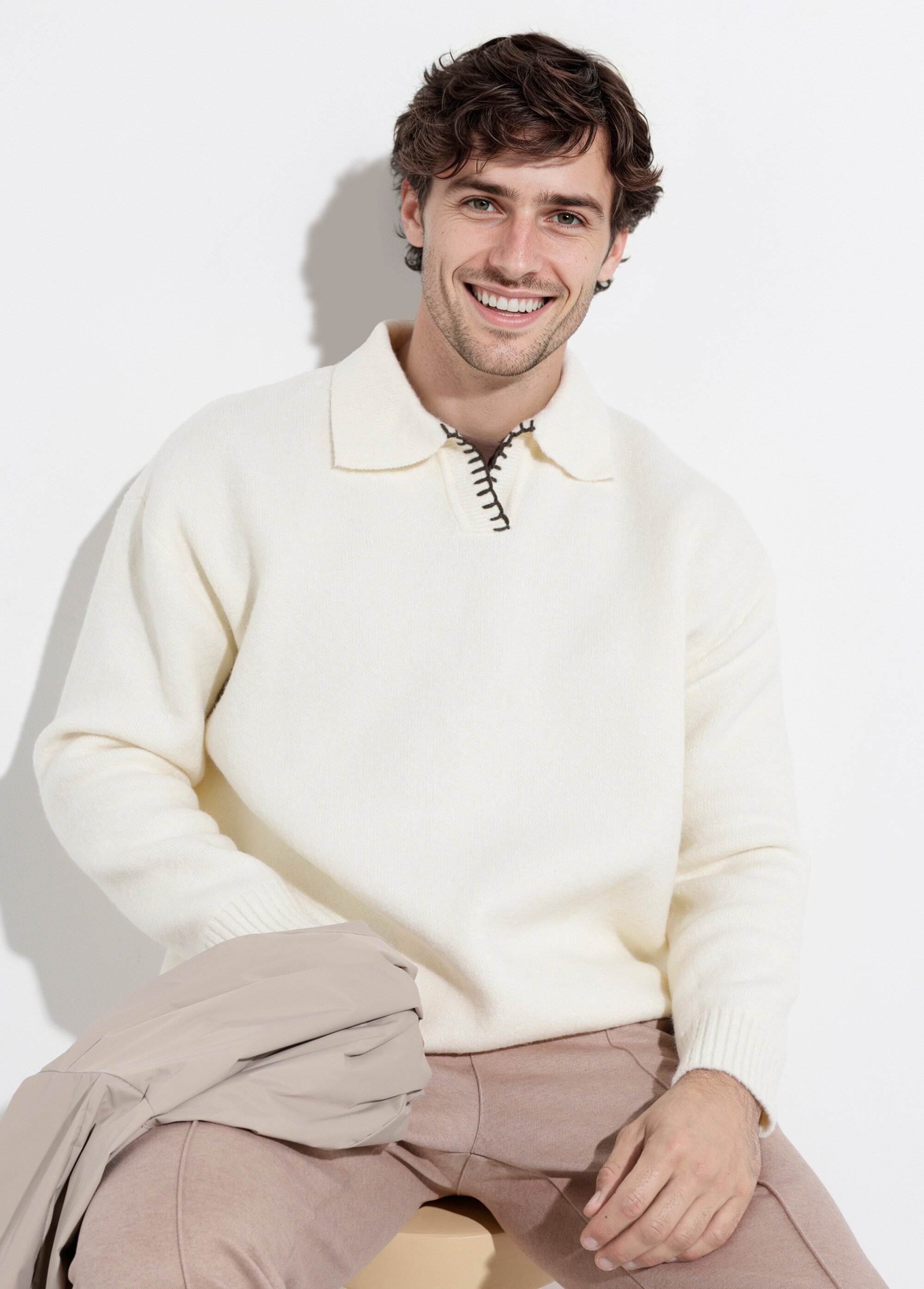 Pull avec col polo finition fantaisie Homme Blanc FRICFD2003-15 MV1
