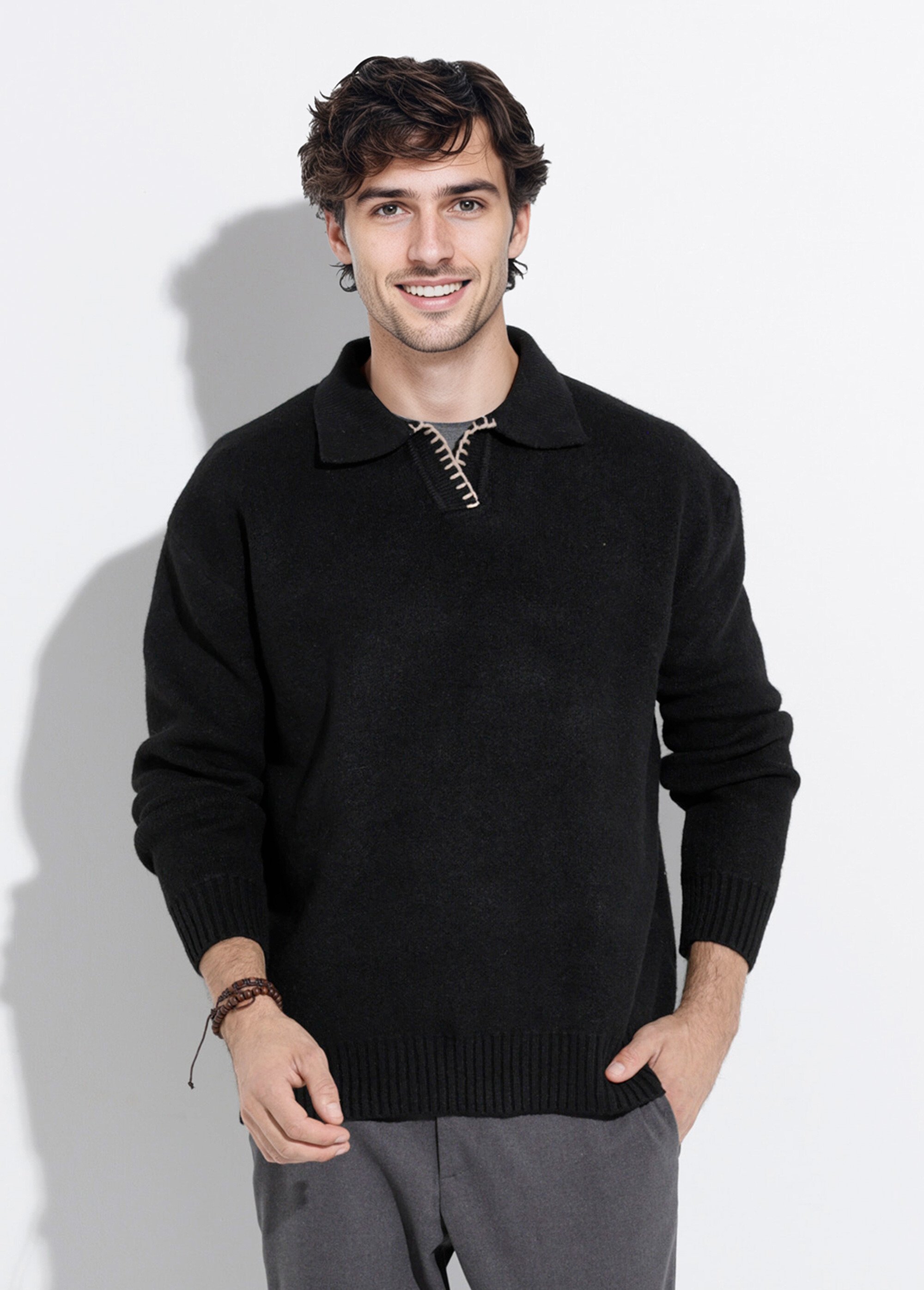 Pull avec col polo finition fantaisie Homme Noir FRICFD2003-15 FA1