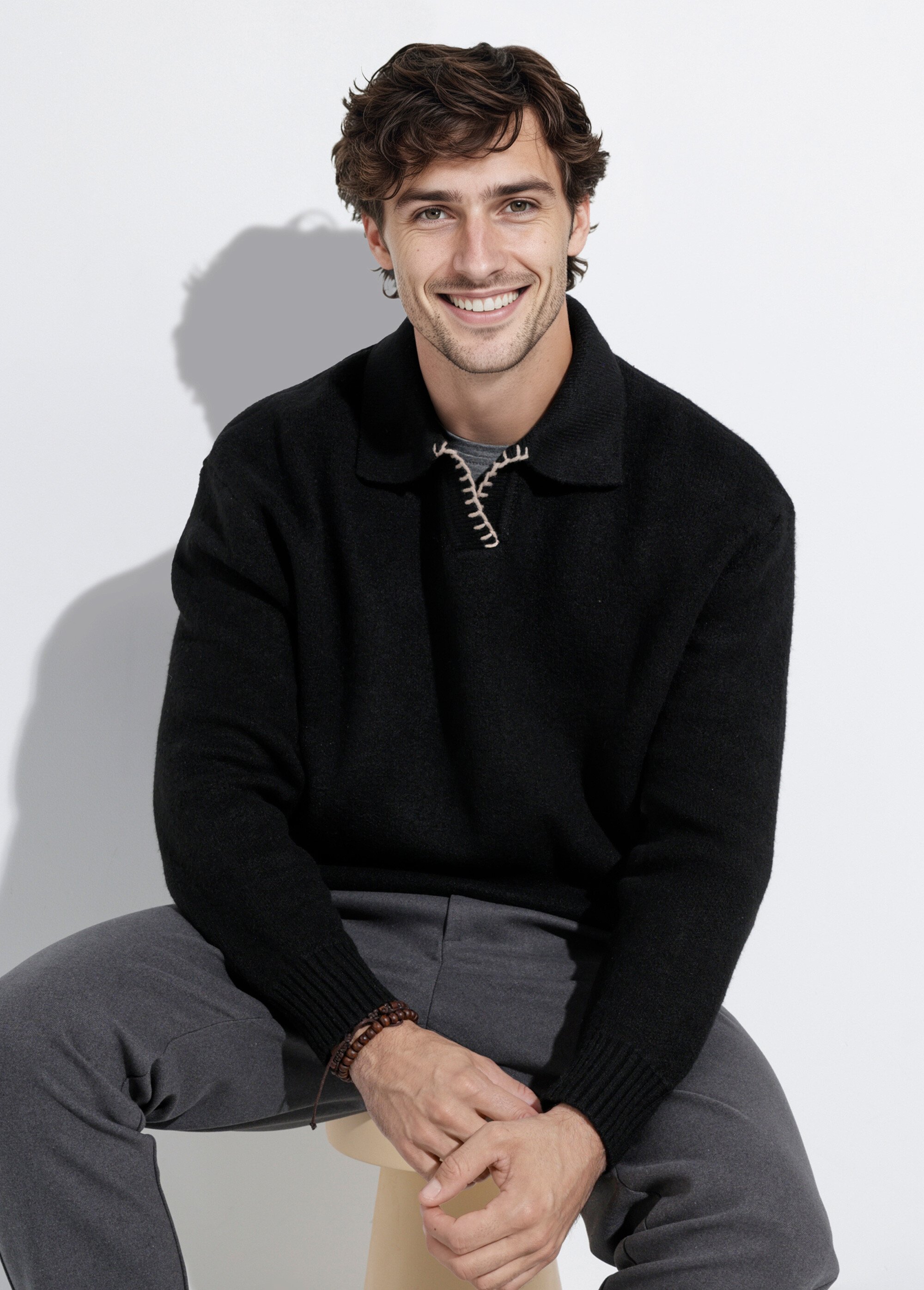 Pull avec col polo finition fantaisie Homme Noir FRICFD2003-15 MV1