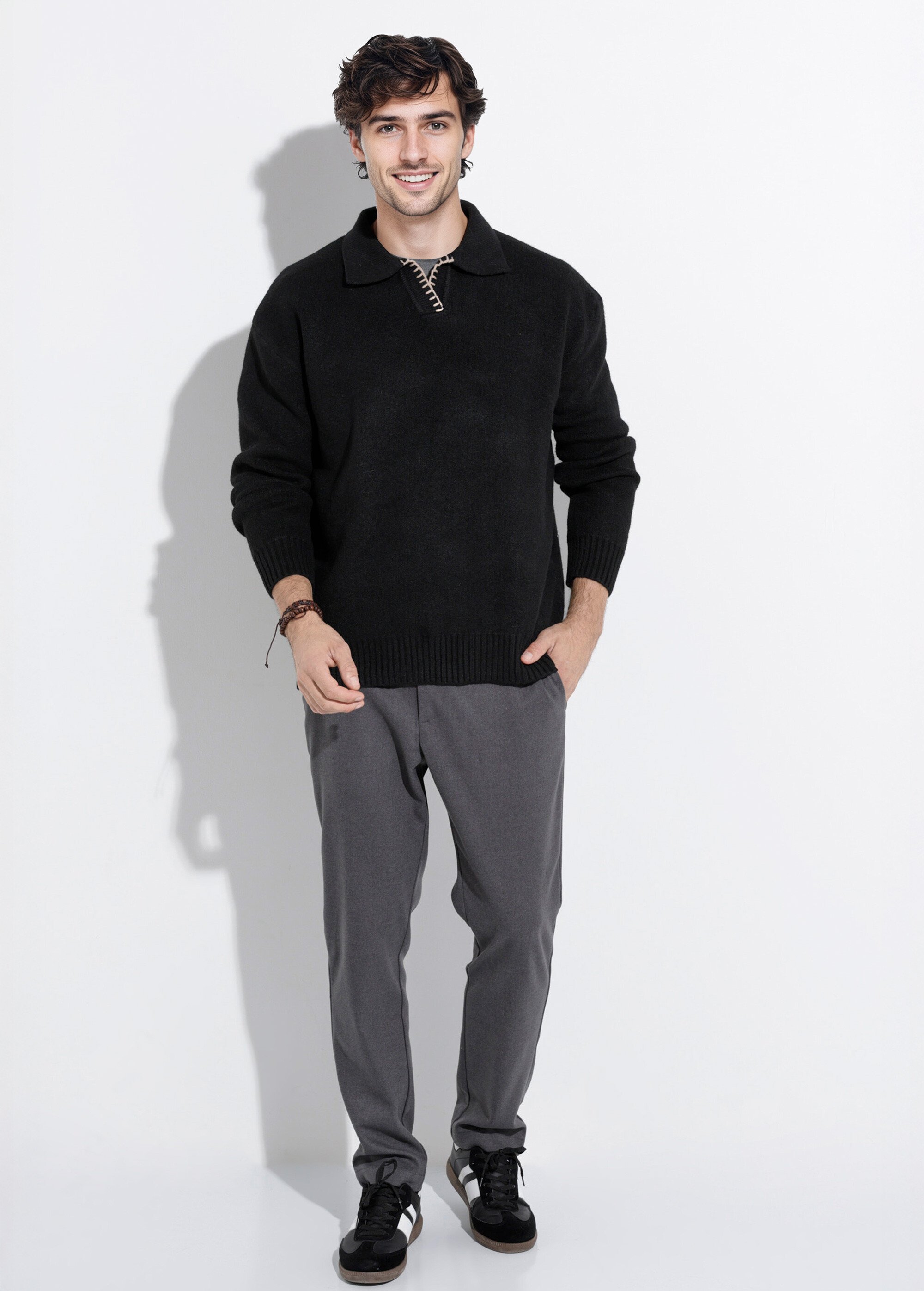 Pull avec col polo finition fantaisie Homme Noir FRICFD2003-15 SF1