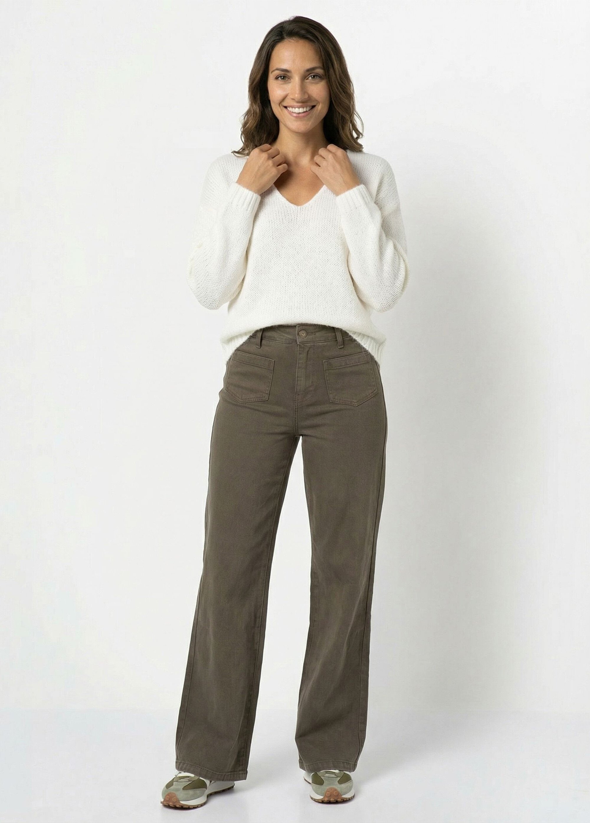 Pull chaud col V en maille avec mohair Femme Beige WHN-1720 SI1