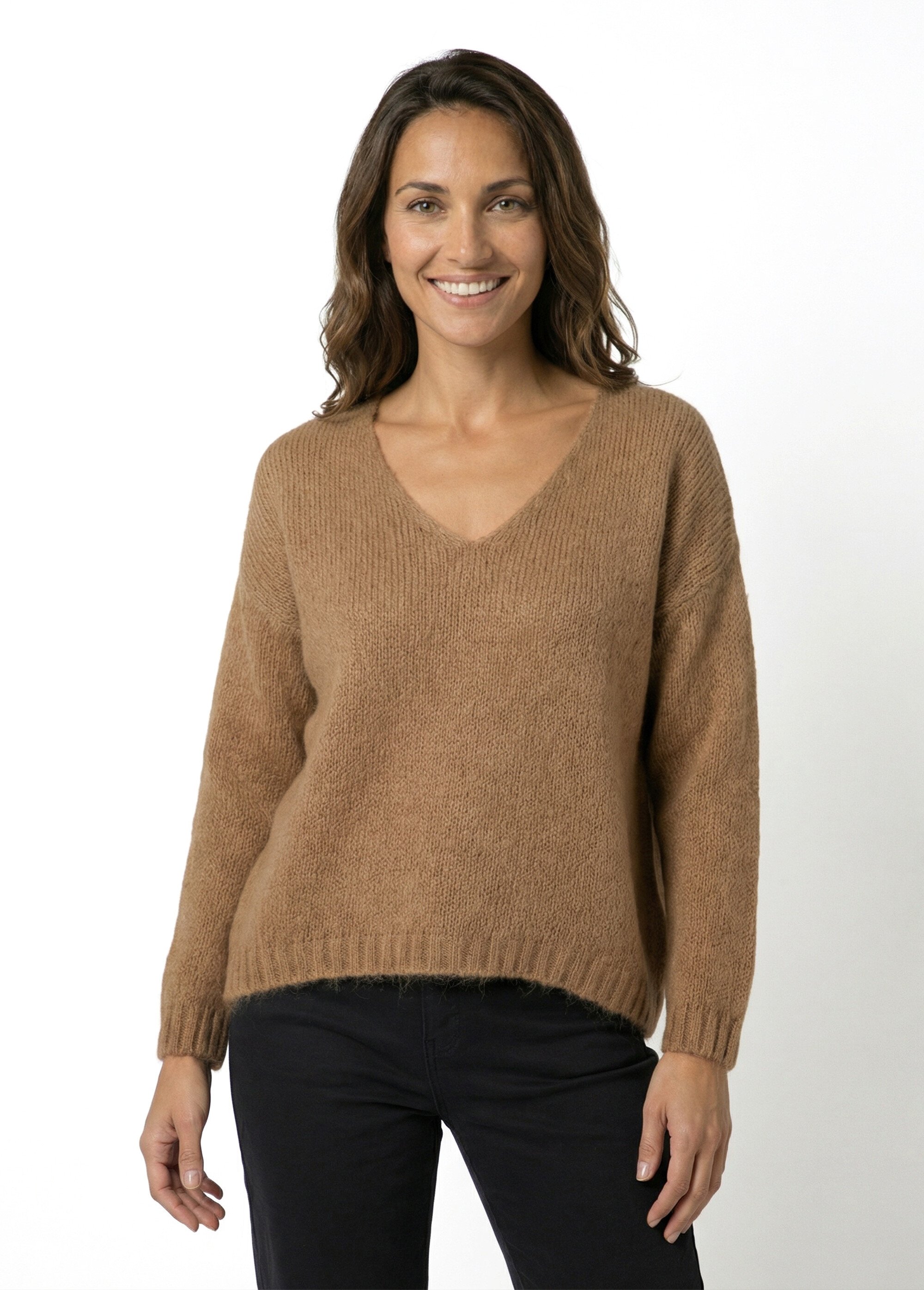 Pull chaud col V en maille avec mohair Femme Marron WHN-1720 FA1