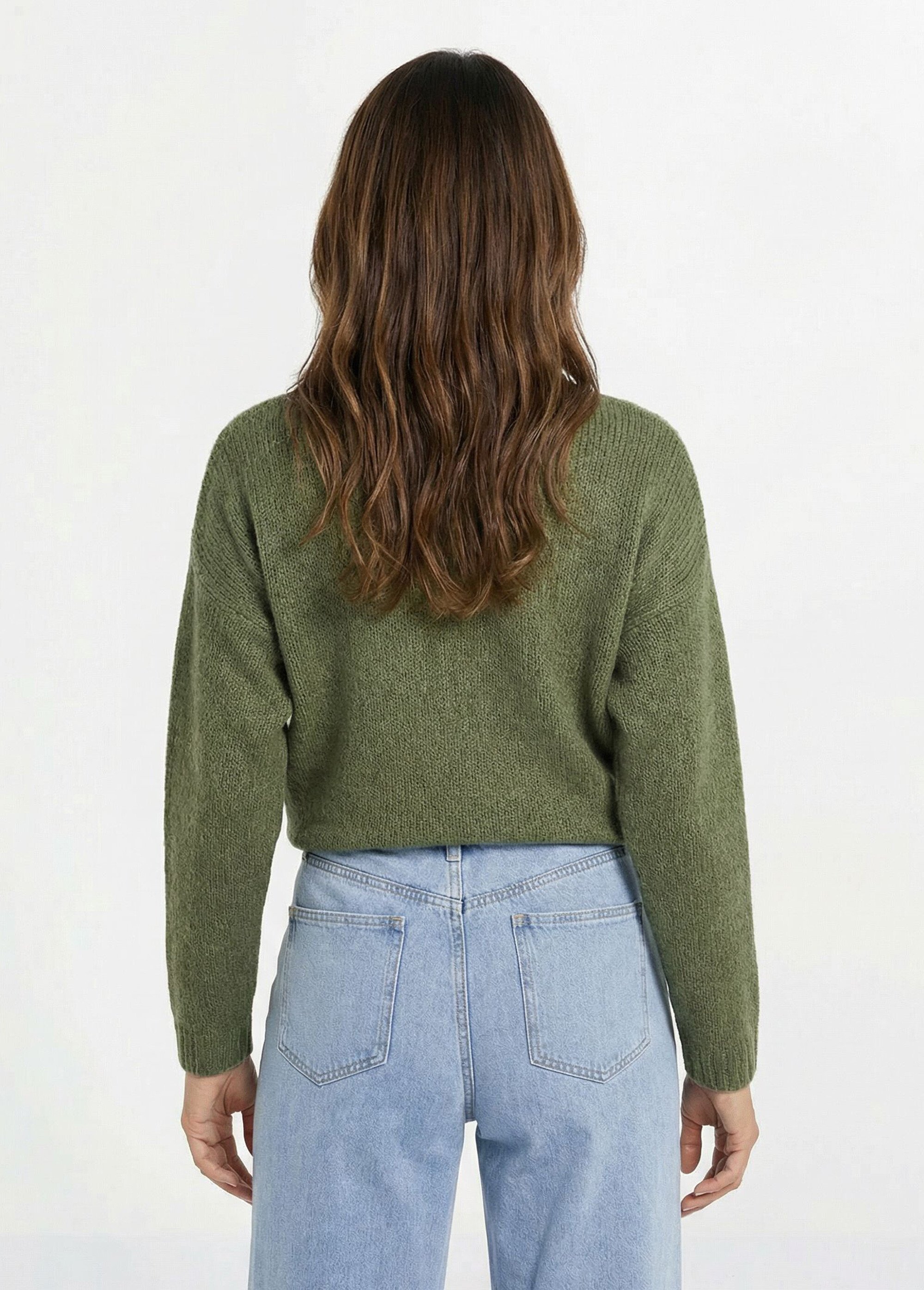 Pull chaud col V en maille avec mohair Femme Vert WHN-1720 DO1