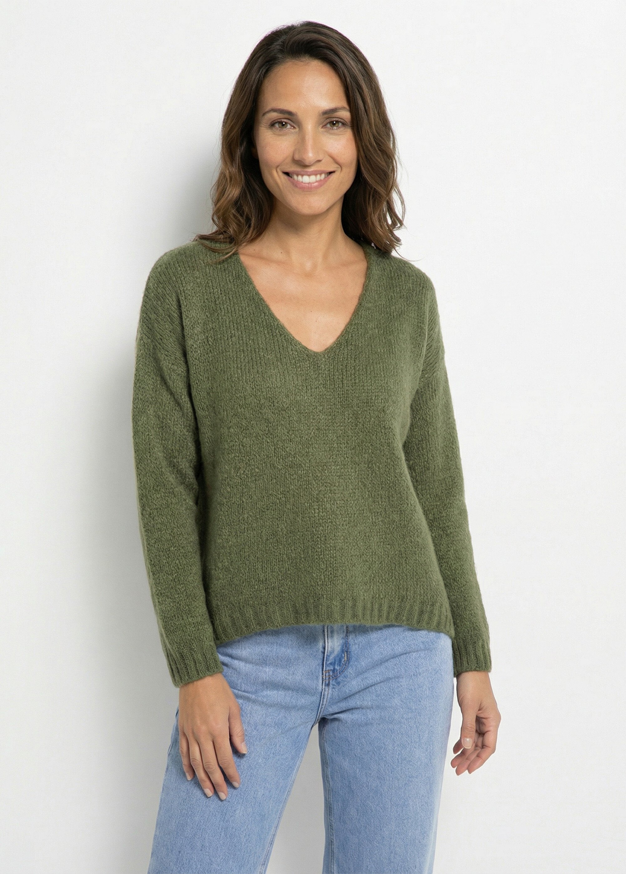 Pull chaud col V en maille avec mohair Femme Vert WHN-1720 FA1