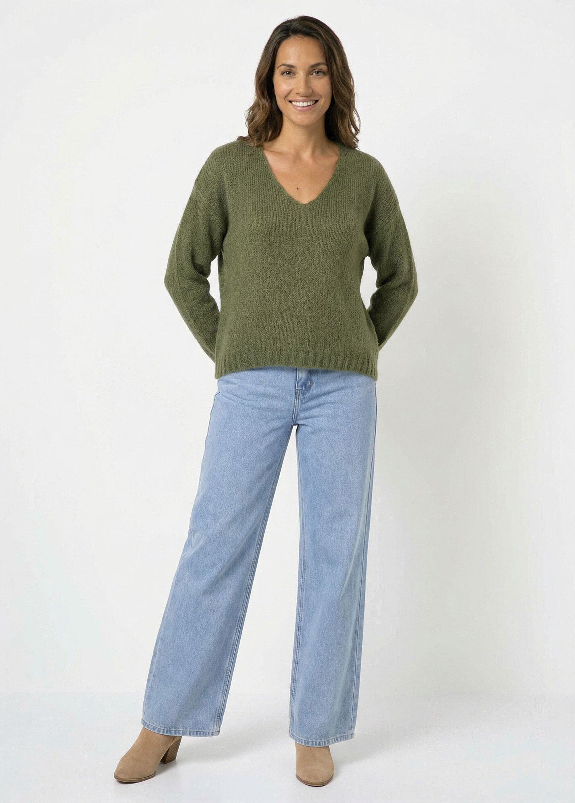 Pull chaud col V en maille avec mohair Femme Vert WHN-1720 SF1