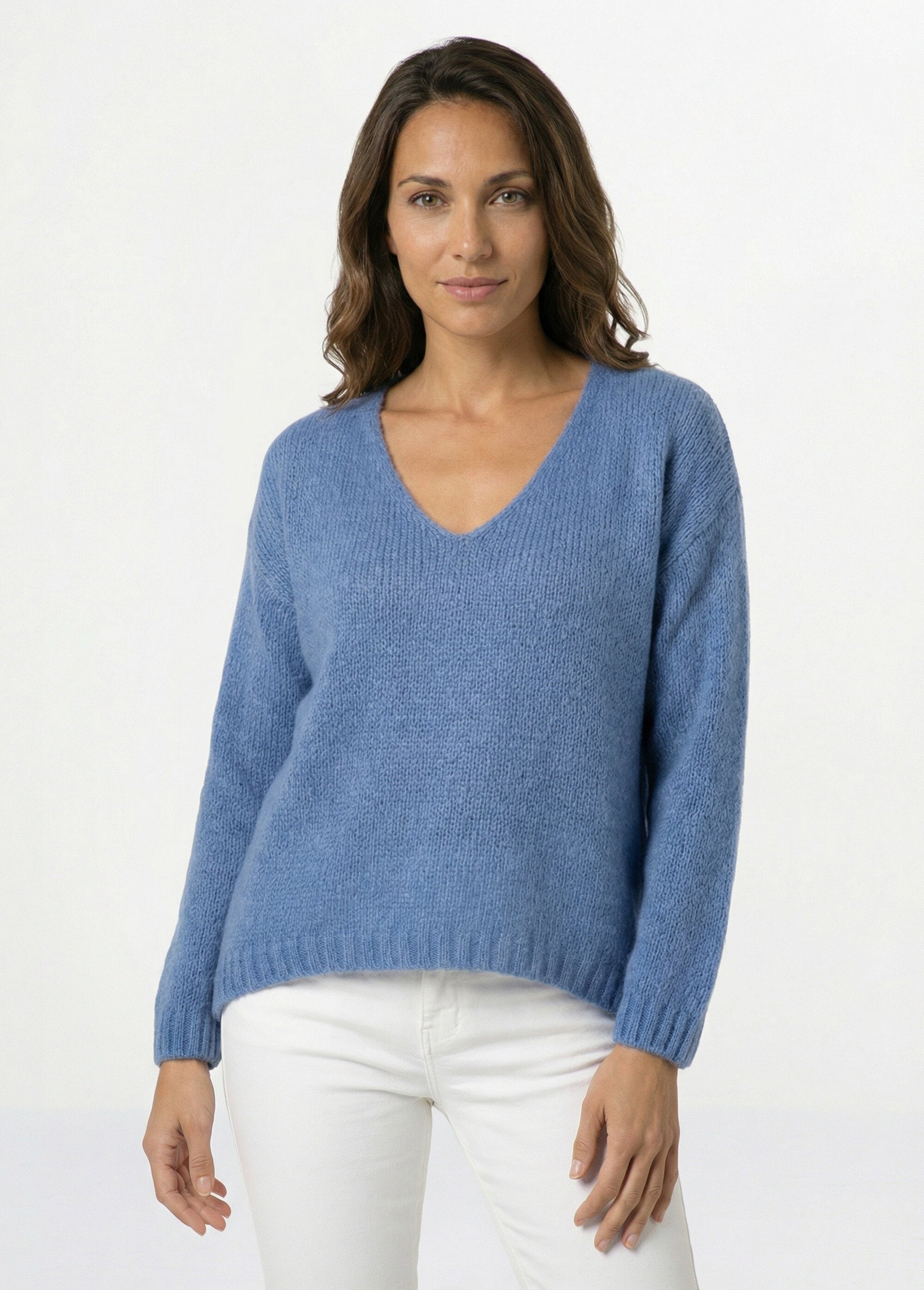 Pull chaud col V en maille avec mohair Femme Bleu WHN-1720 FA1