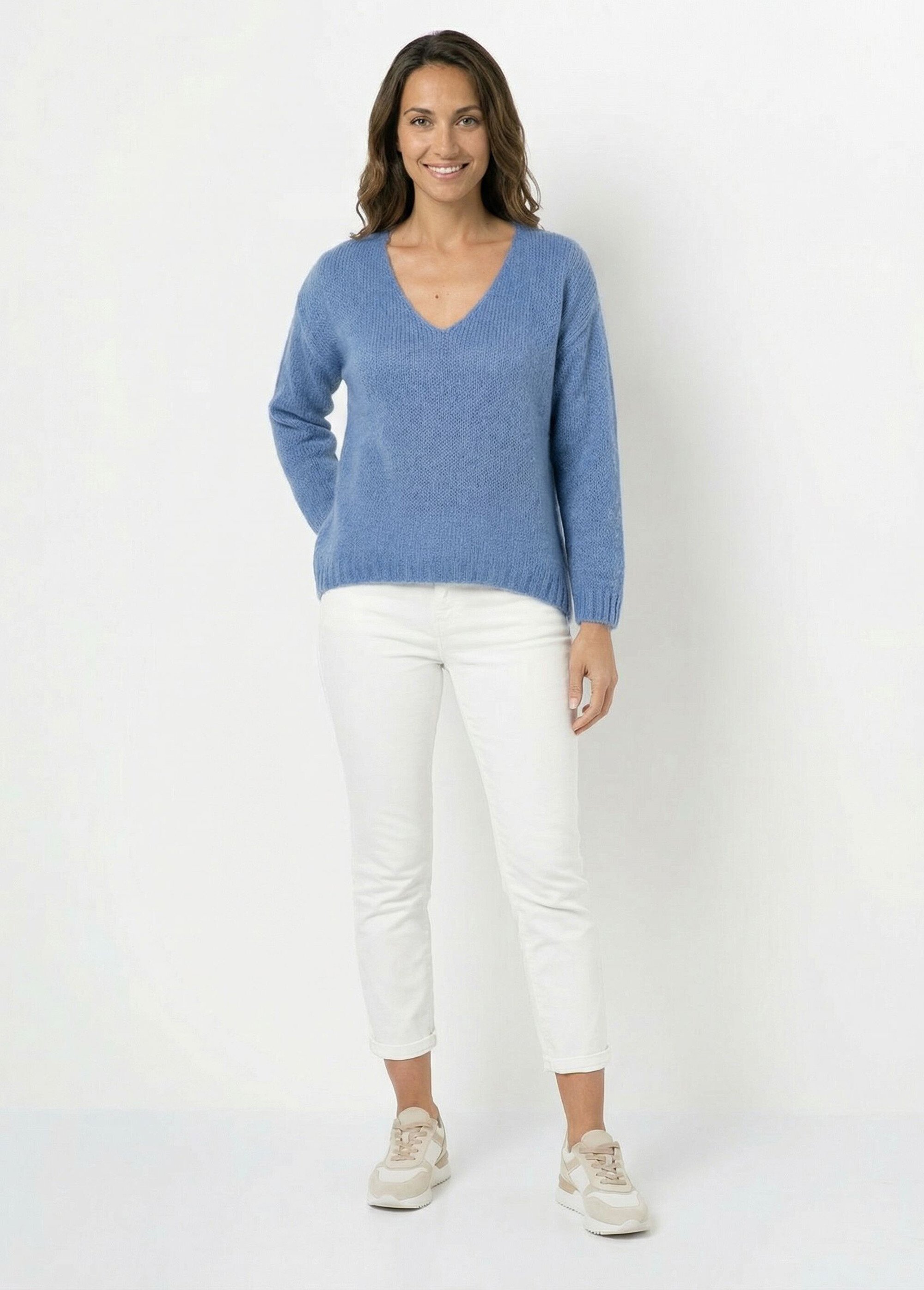 Pull chaud col V en maille avec mohair Femme Bleu WHN-1720 SF1